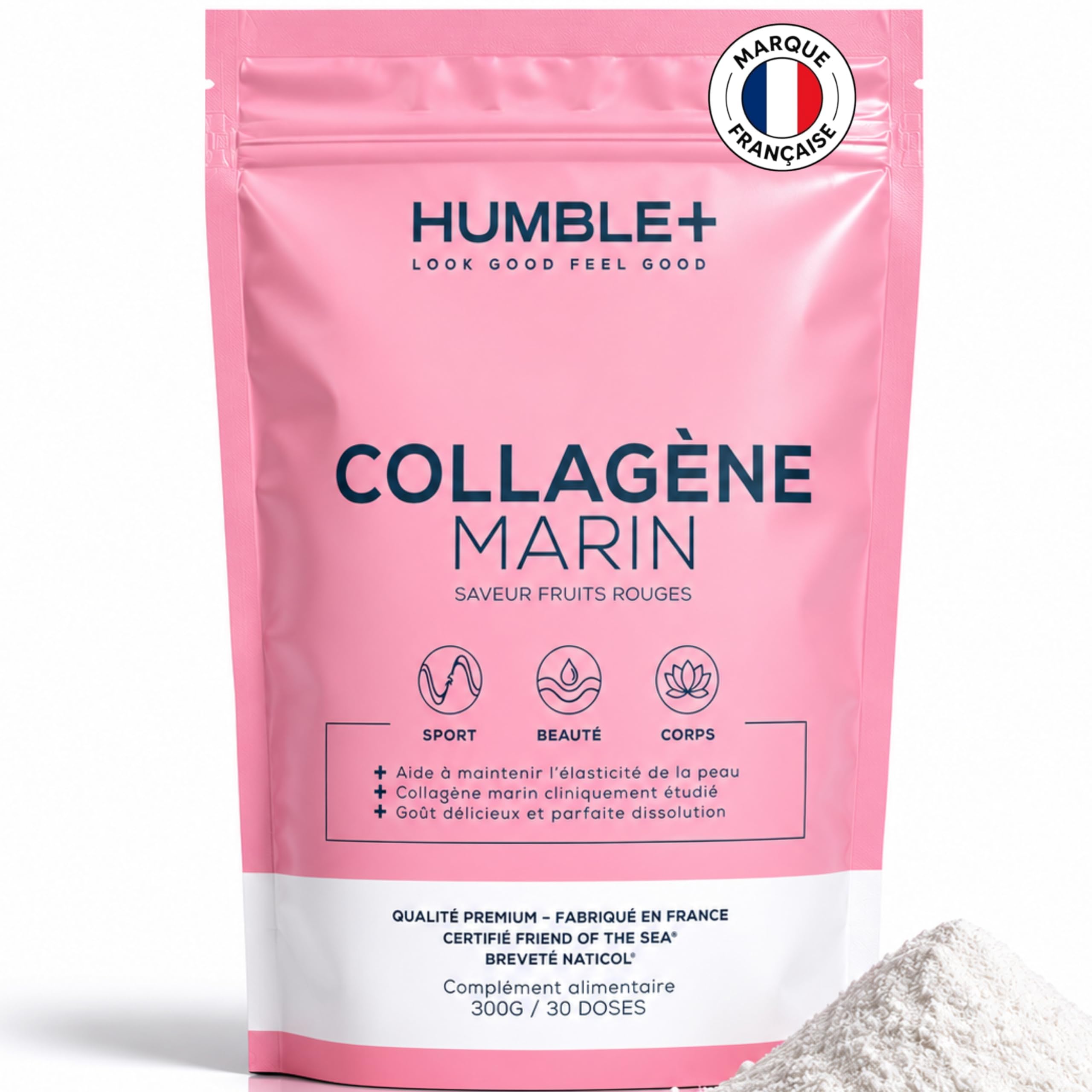 HUMBLE+ Collagène Marin Naticol® en Poudre Saveur Fruits Rouges - Peptides de Collagène Type 1-300 g - 60 Portions - Collagène Marin Français - Marque Française