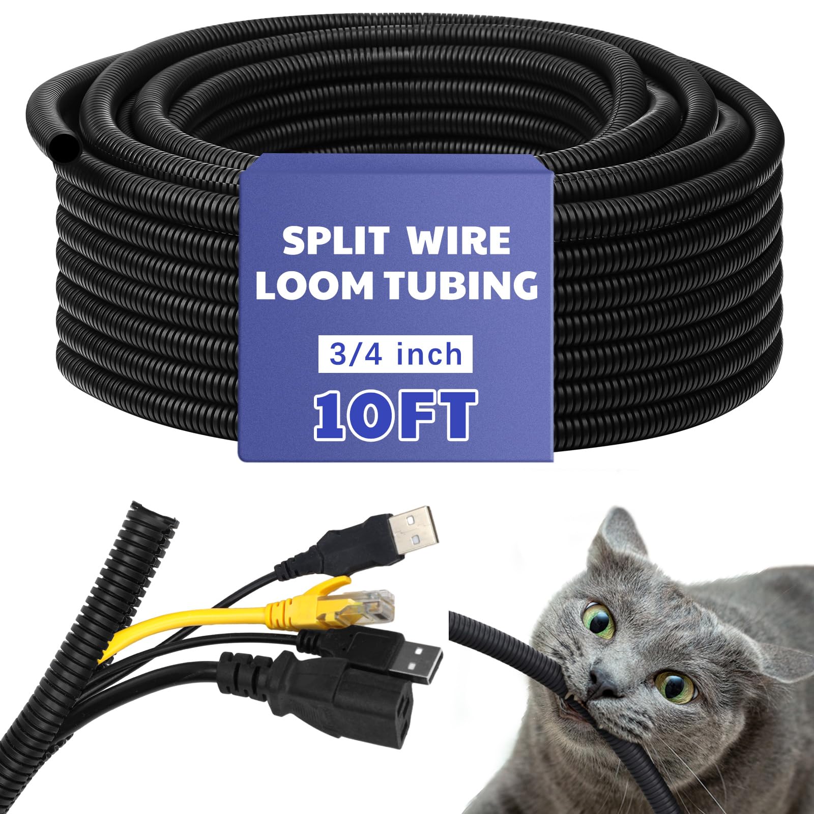 Kanayu Flame Retardant Wire Loom High Temperature Cable Conduit Split Cable Sleeves Split Wire Loom Tubing Auto Wire Conduit for Industrial Electrical Wires Automotive Marine (Black,3/4''-10 ft)