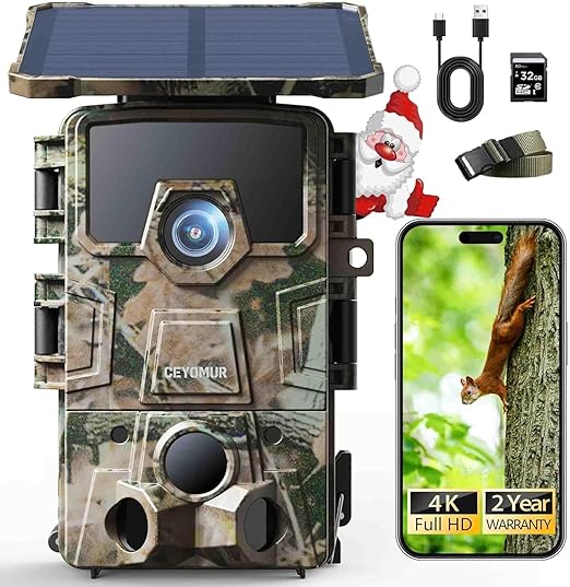 CEYOMUR 4K UHD Fototrappola Solare, Wifi 6 Fototrappola Notturna con 120° Rilevamento Batteria Ricaricabile da 5200mAh, Fotocamera Caccia con Impermeabile IP66 Scheda SD da 64GB