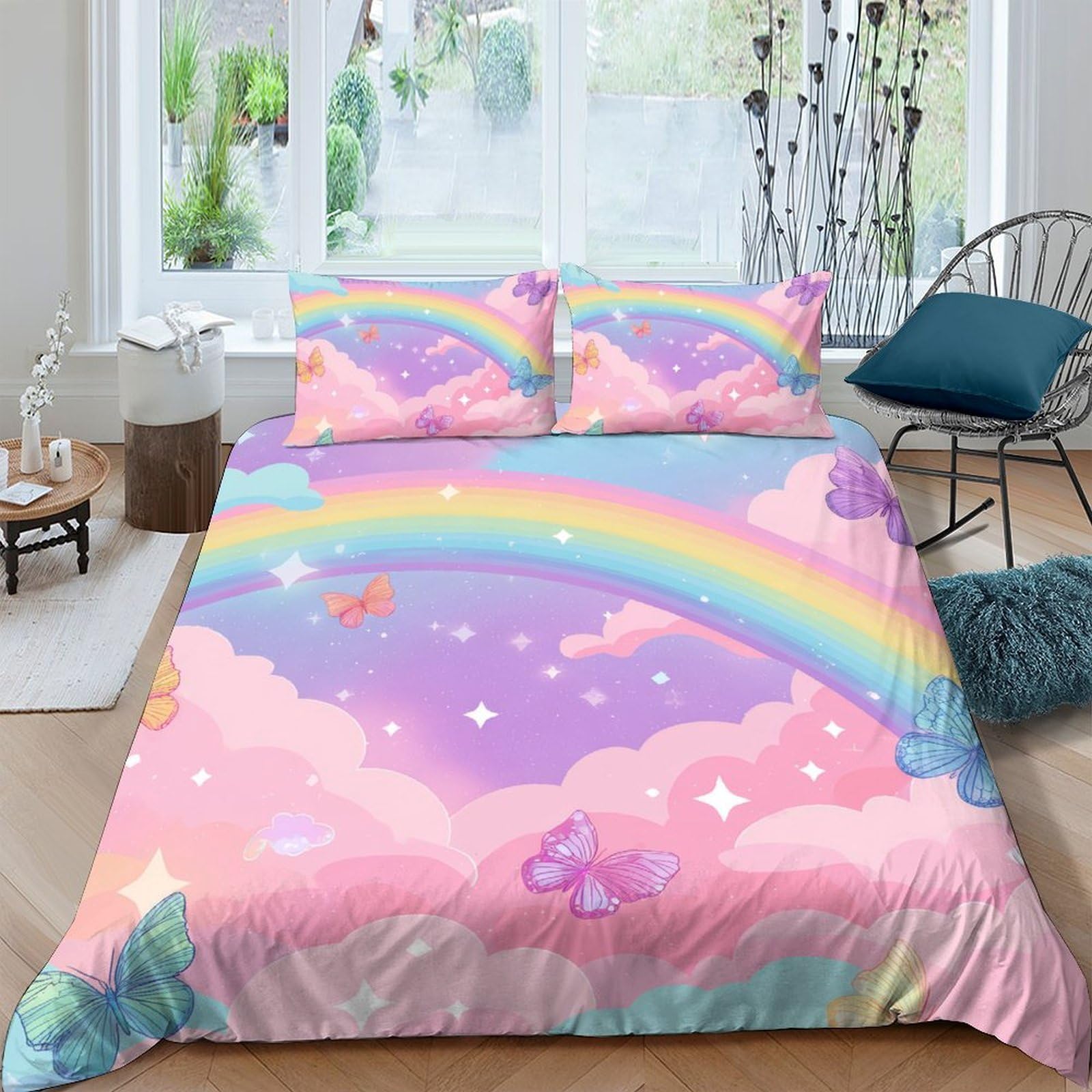 Ctjqhvkz Style-1 3D Printed Rainbow Cloud Fitted Sheet Microfiber Soft Pastel Sky Star Mattress Cover For Bedroom Guest Room Decor Single（135X200cm）