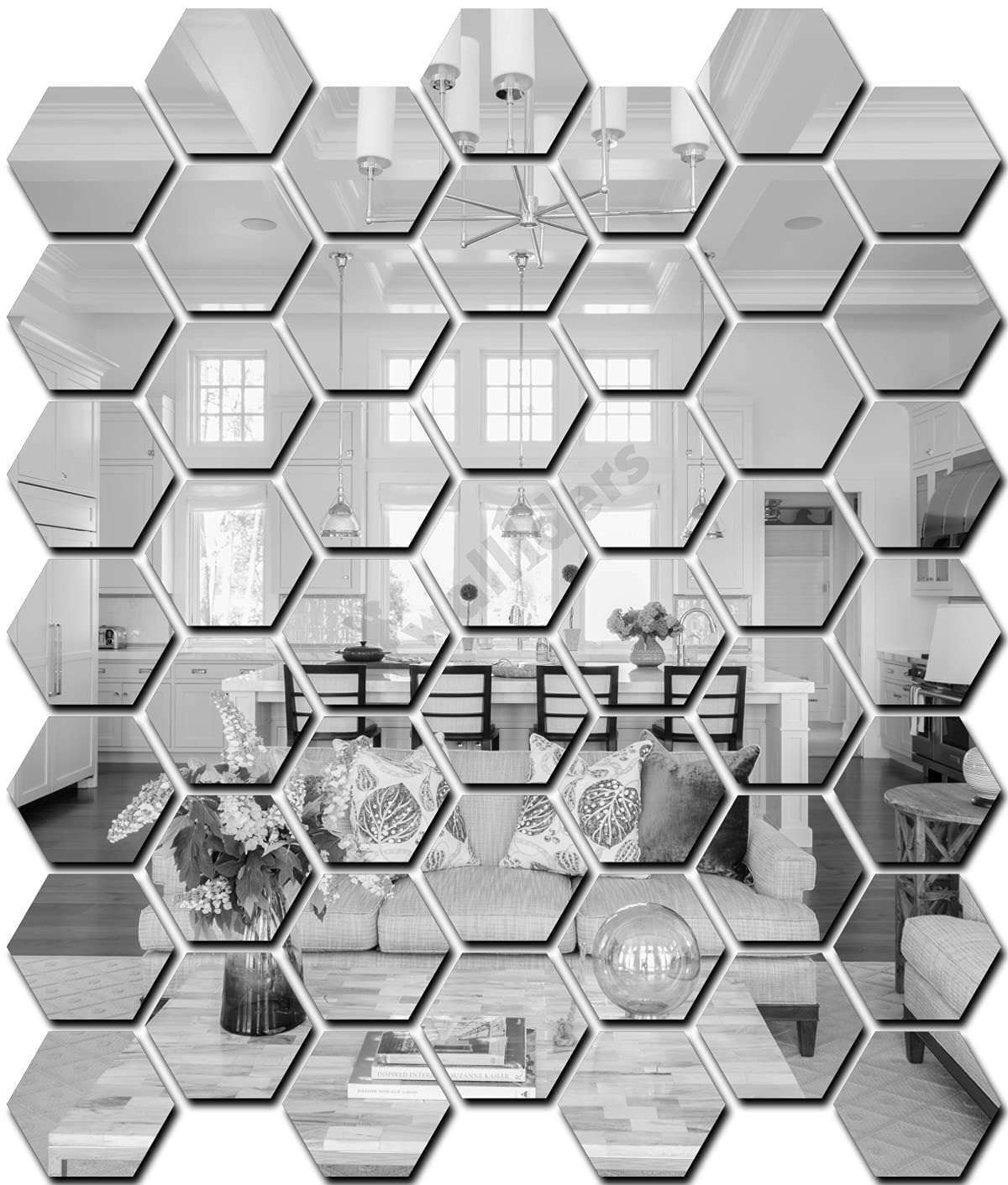 Wall1ders 50 Hexagon with 10 Butterflies (Hexagon Size 10.5 x 12 cm) Hexagon Mirror wall Stickers, Hexagonal Mirror Sticker for Hall Room, Living Room, Bed Room, Kitchen, Home & Offices. (Silver)