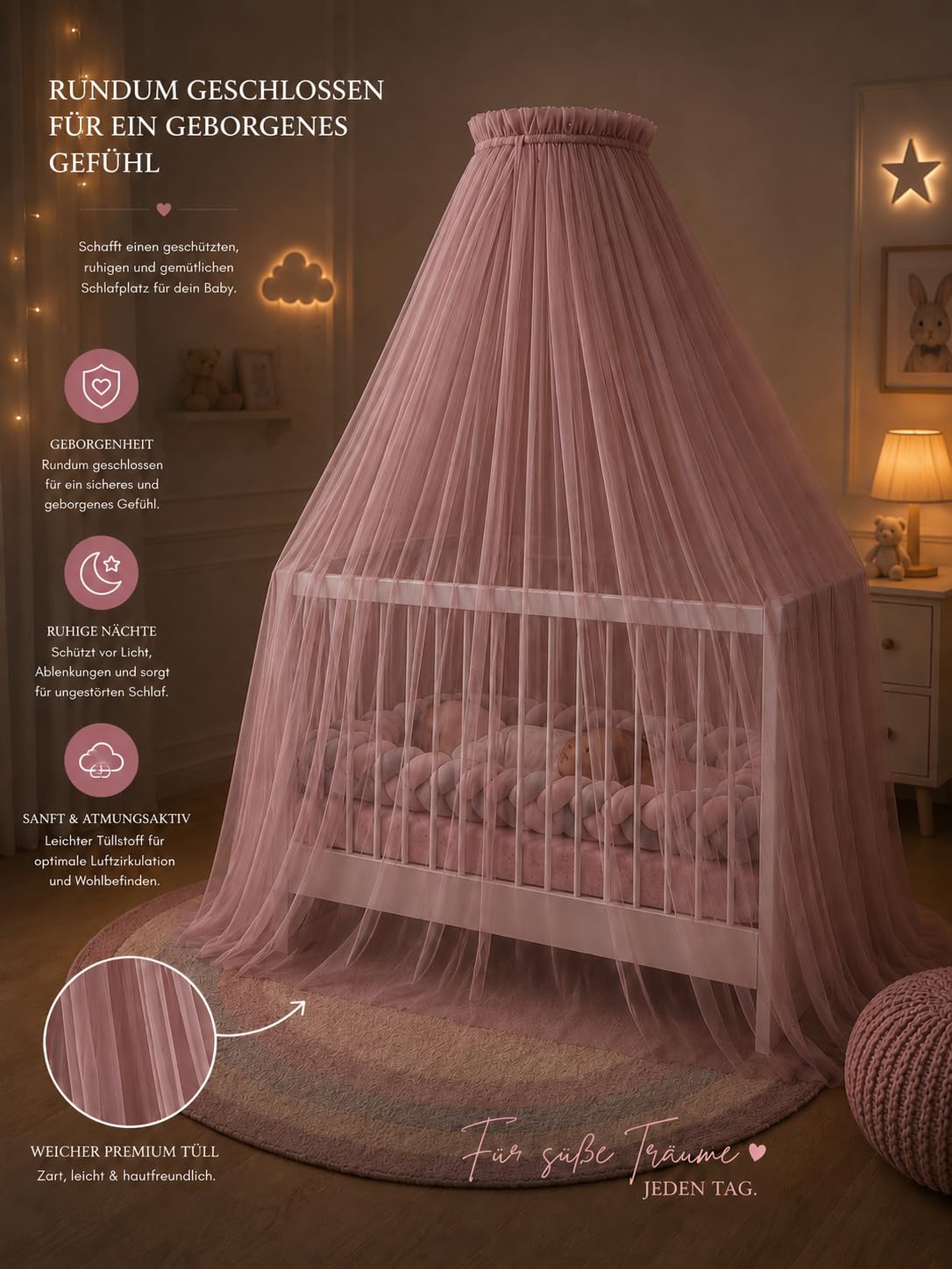 Baby Fancyroom Tenda per Letto da Bambino, Zanzariera, Decorazione per Camera, Baldacchino in Tulle di Qualità Superiore Vecchio Rosa
