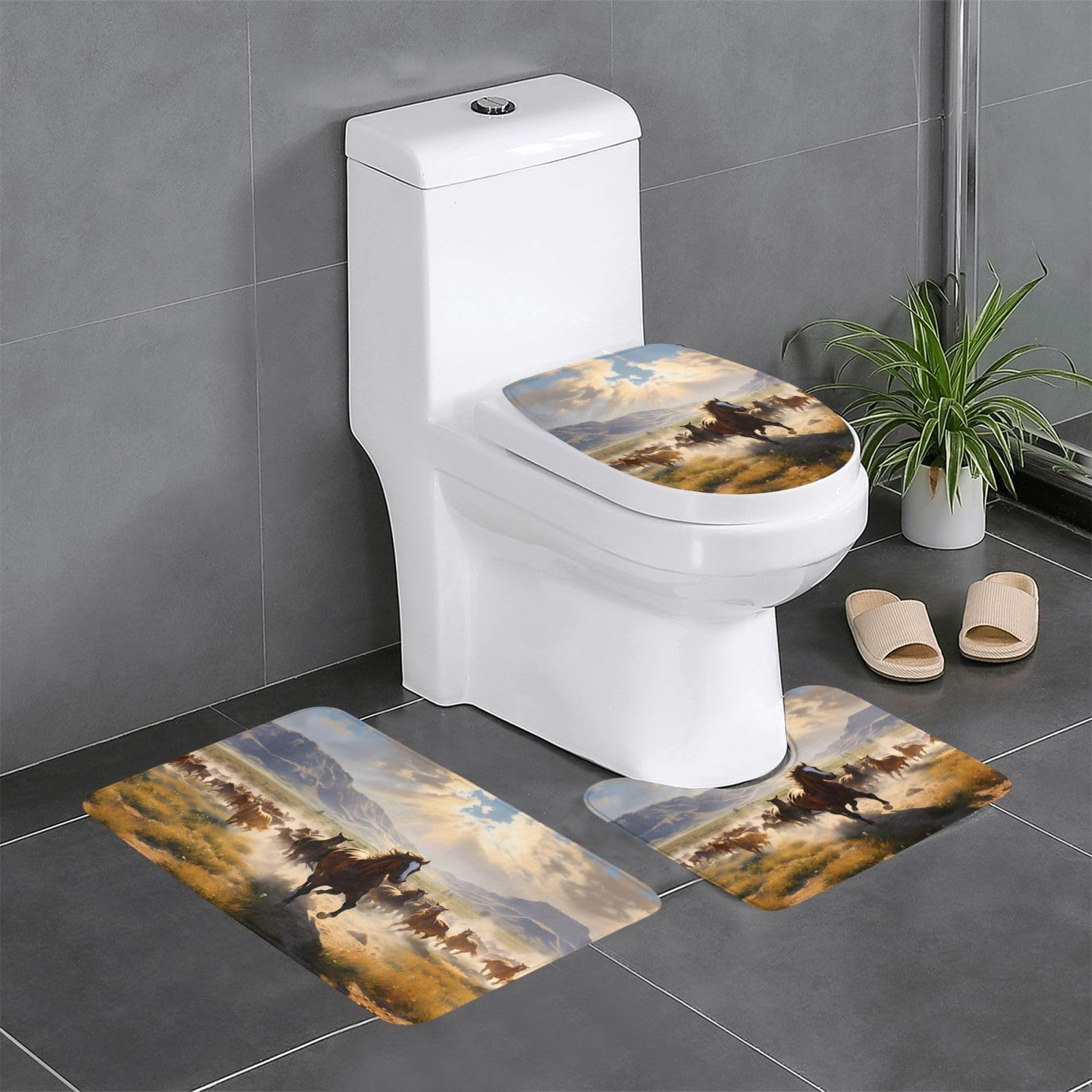 Tapis de salle de bain WHJDPP lot de 3 avec motif prairie et chevaux