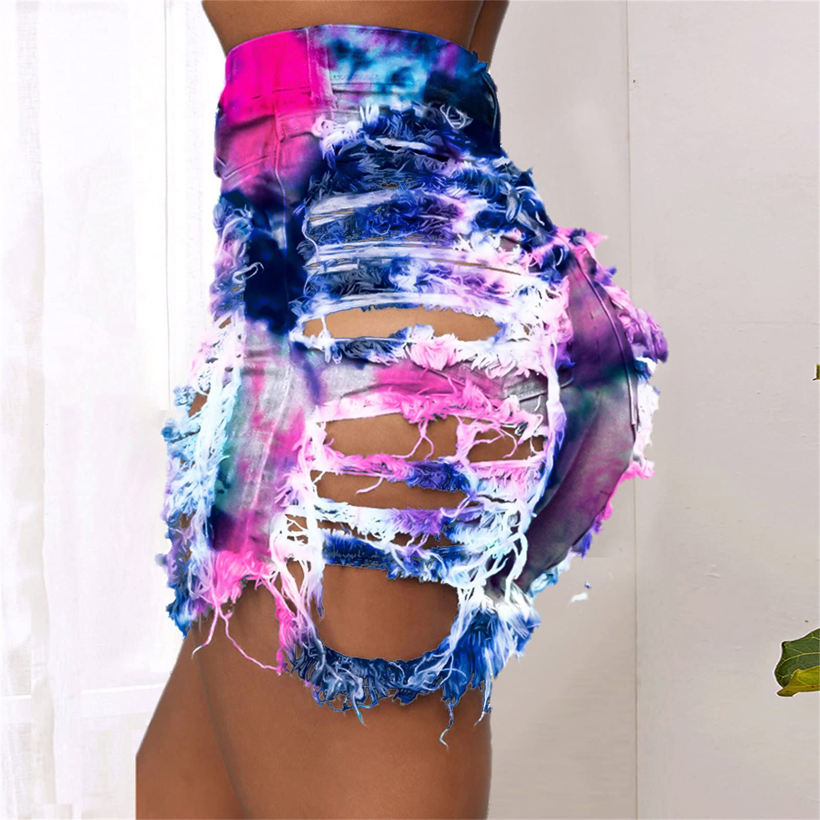 Womens Ripped Hole Jean Shorts Stretchy Frayed Raw Hem Shorts High Waisted Distressed Casual Denim Shorts (Small,Purple)