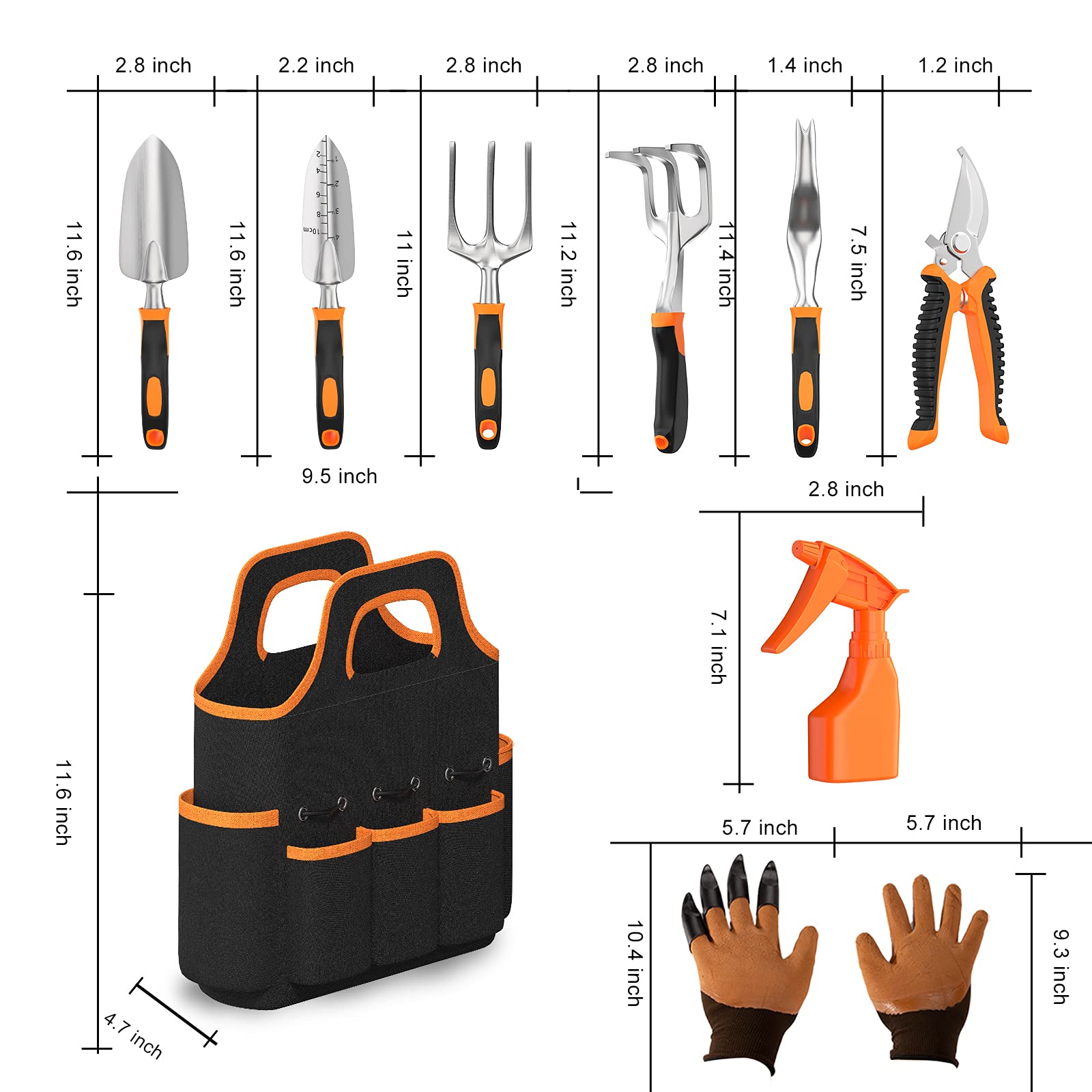 Gartenwerkzeug-Sets, 9-teilig, Magnesium-Aluminium-Legierung, Garten-Set, mit rutschfesten Gummihandschuhen und tragbarer Aufbewahrungstasche, Outdoor-Gartenarbeit-Assistent für Erwachsene
