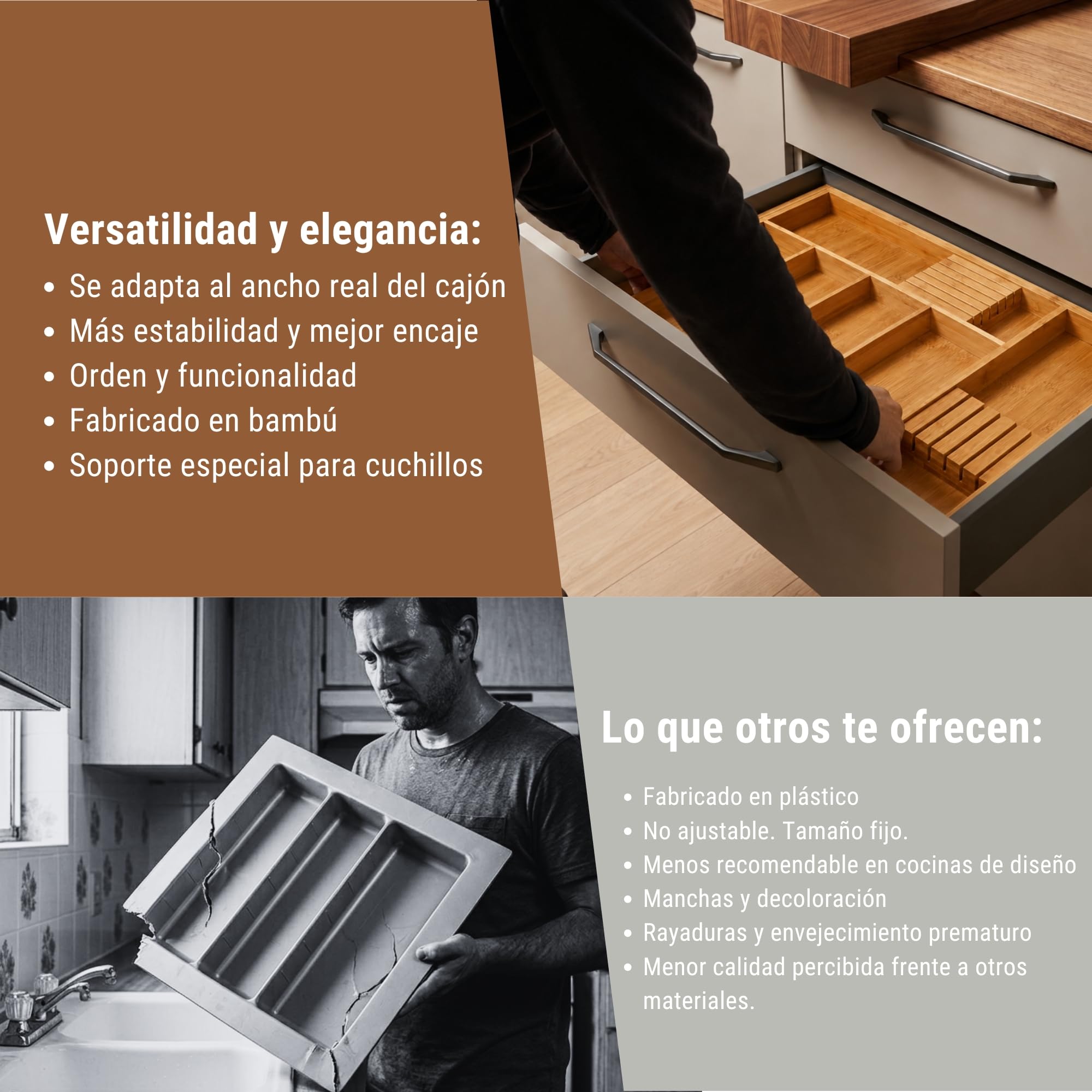 ALK Cubertero extensible válido como organizador cocina para cajones almacenaje, cubertero cajon o bandeja bambu, organizador cubiertos para cajon, organizador escritorio cajones (Cajones 52-83 cm)