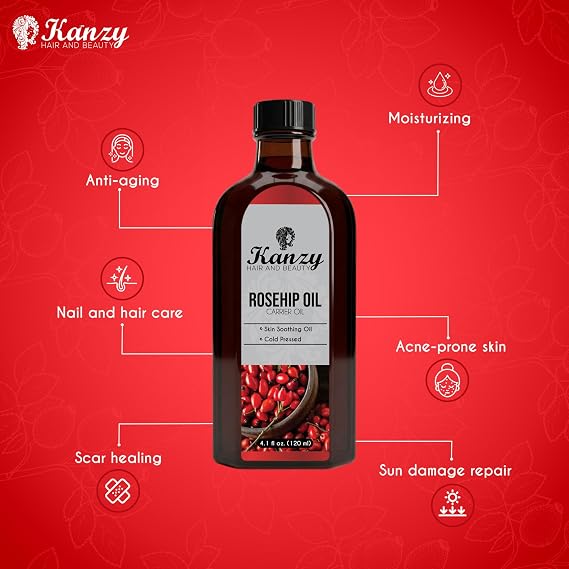 Kanzy Rosehip Oil for Face 120ml Rosehip Oil Cold Pressed Rose Hip Oil for Face 100% Pure Vegan Cruelty Free for Skin, Hair, Nails, and Body for Nourishment, Dryness, Fine lines and Scars