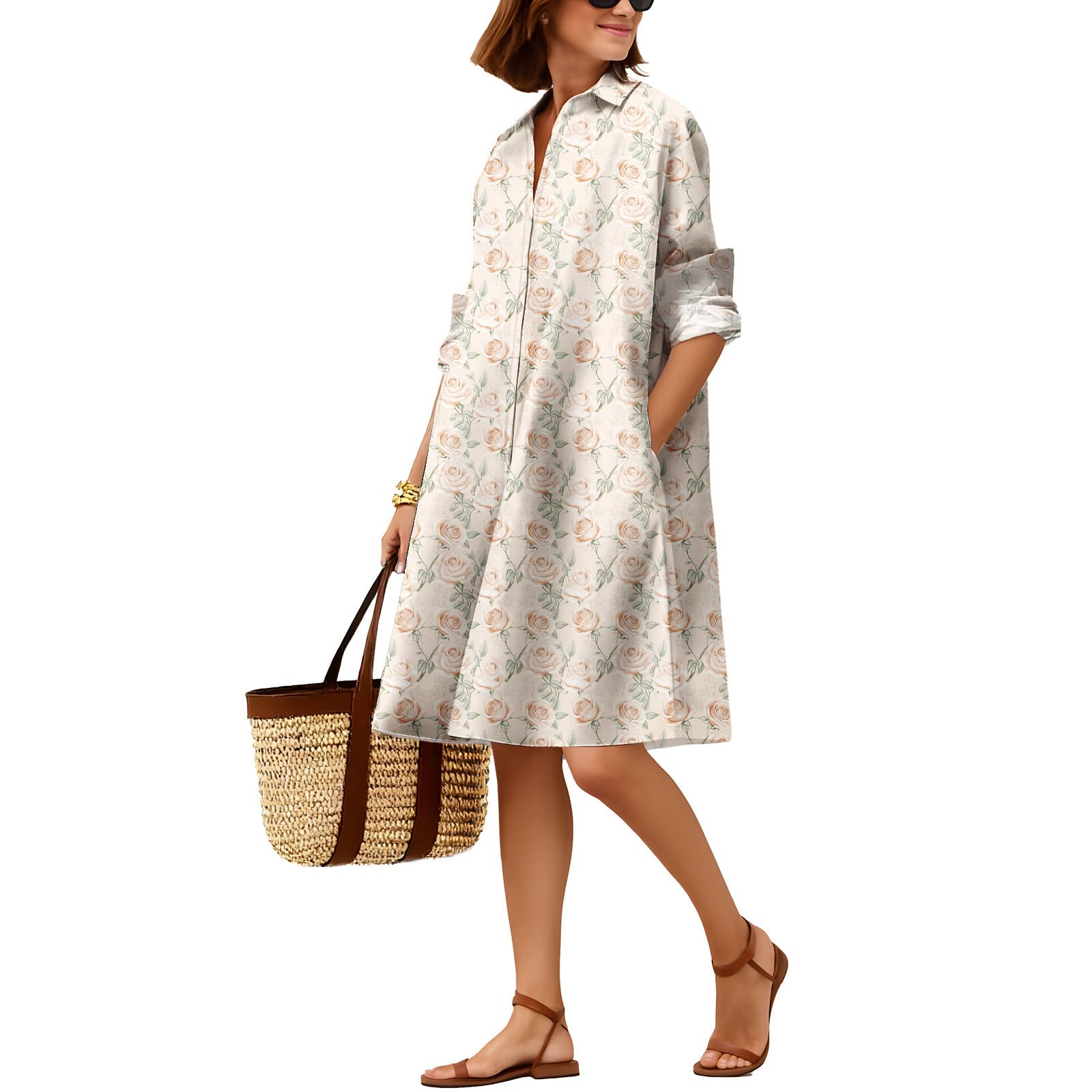 Boho Floral Shirt Dress Women's V Neck Button Down Midi Dress with Pockets Long Sleeve Knee Length Flowy