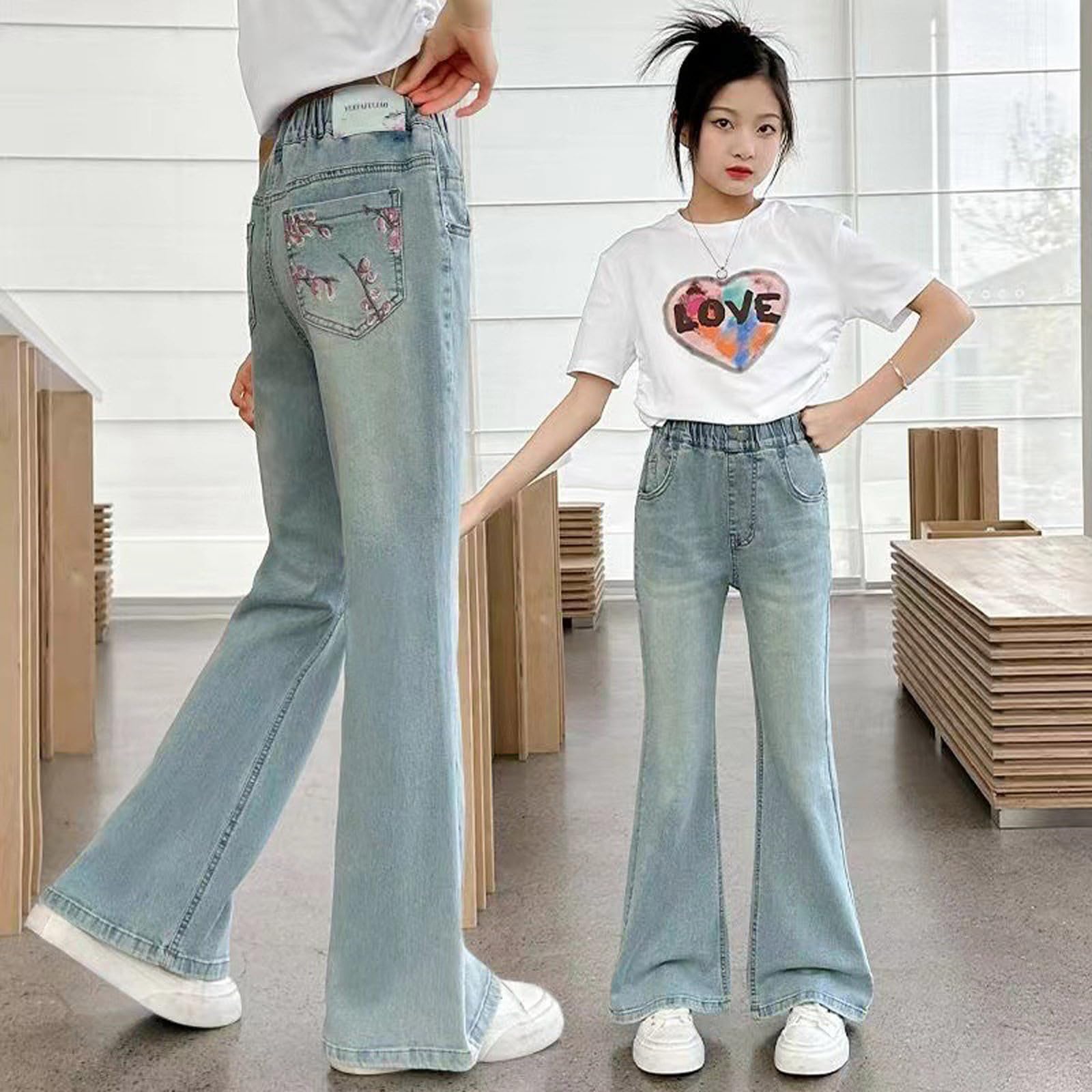 Jeans Hosen Für Mädchen, Hose Teenager Mädchen, Elastisch Hohe Taille Gerade Weites Bein Streetwear Jeans Mit Mehreren Taschen Weites Bein Jeanshose Girls Mode Hosen Für Kinder Frühling Sommer