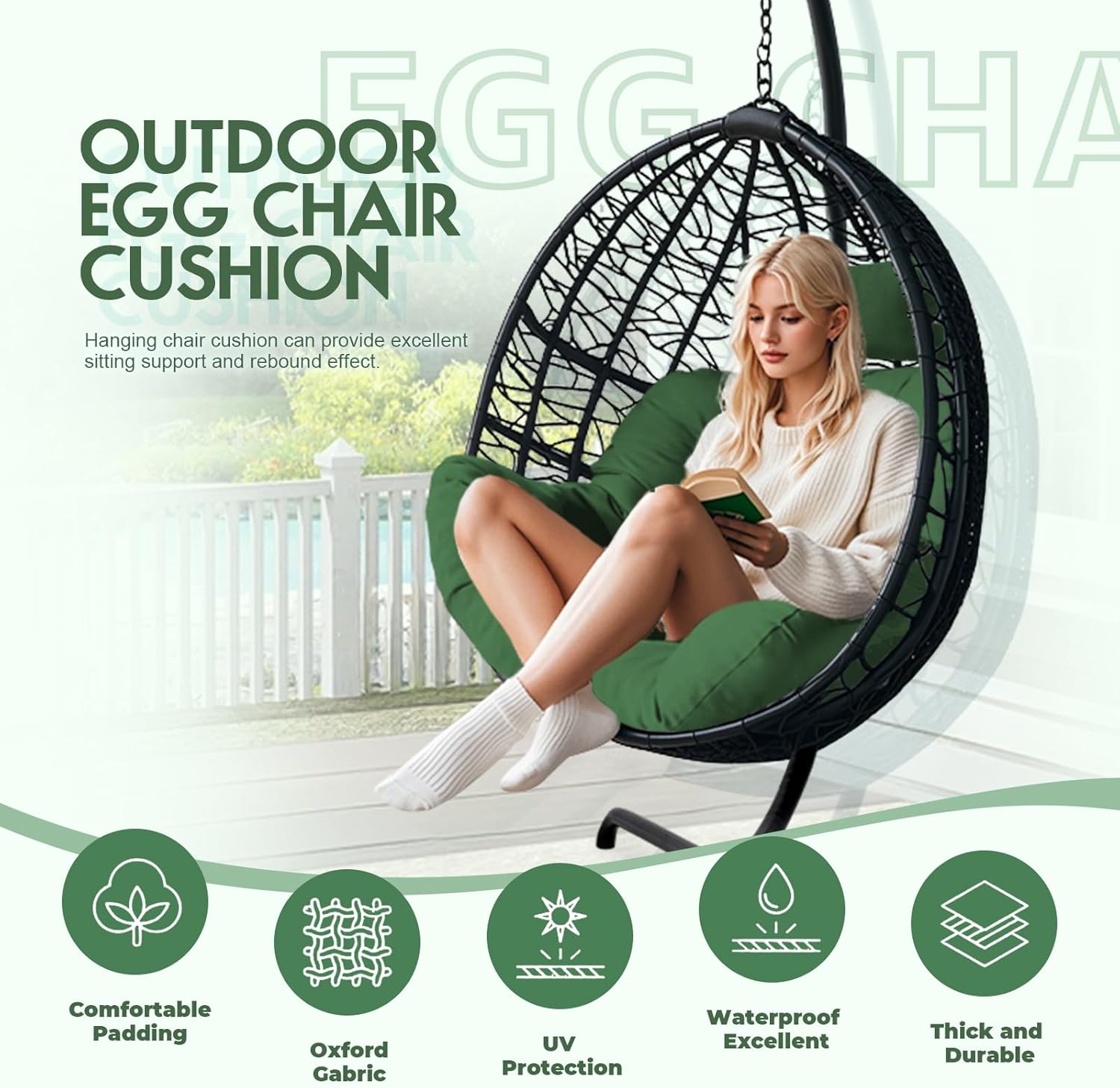 Outdoor Egg Chair Cushion, Waterproof Hanging Chair Cushion with Headrest Pillow, Egg Chair Replacement Cushion for Patio Furniture, U-Shaped Eggs Swing Cushion for Basket Chairs, Green