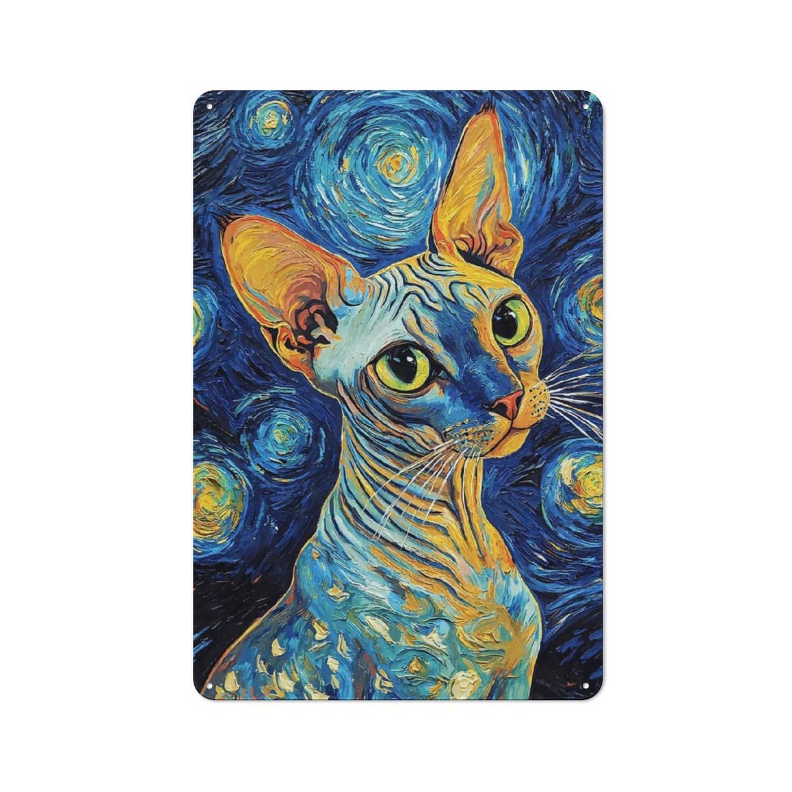Junmoney Sphynx Cat Starry Night Rustic Tin Sign 30X20cm Featuring For Bar Or Restaurant, A Housewarming Gift For Bar Decor Enthusiasts