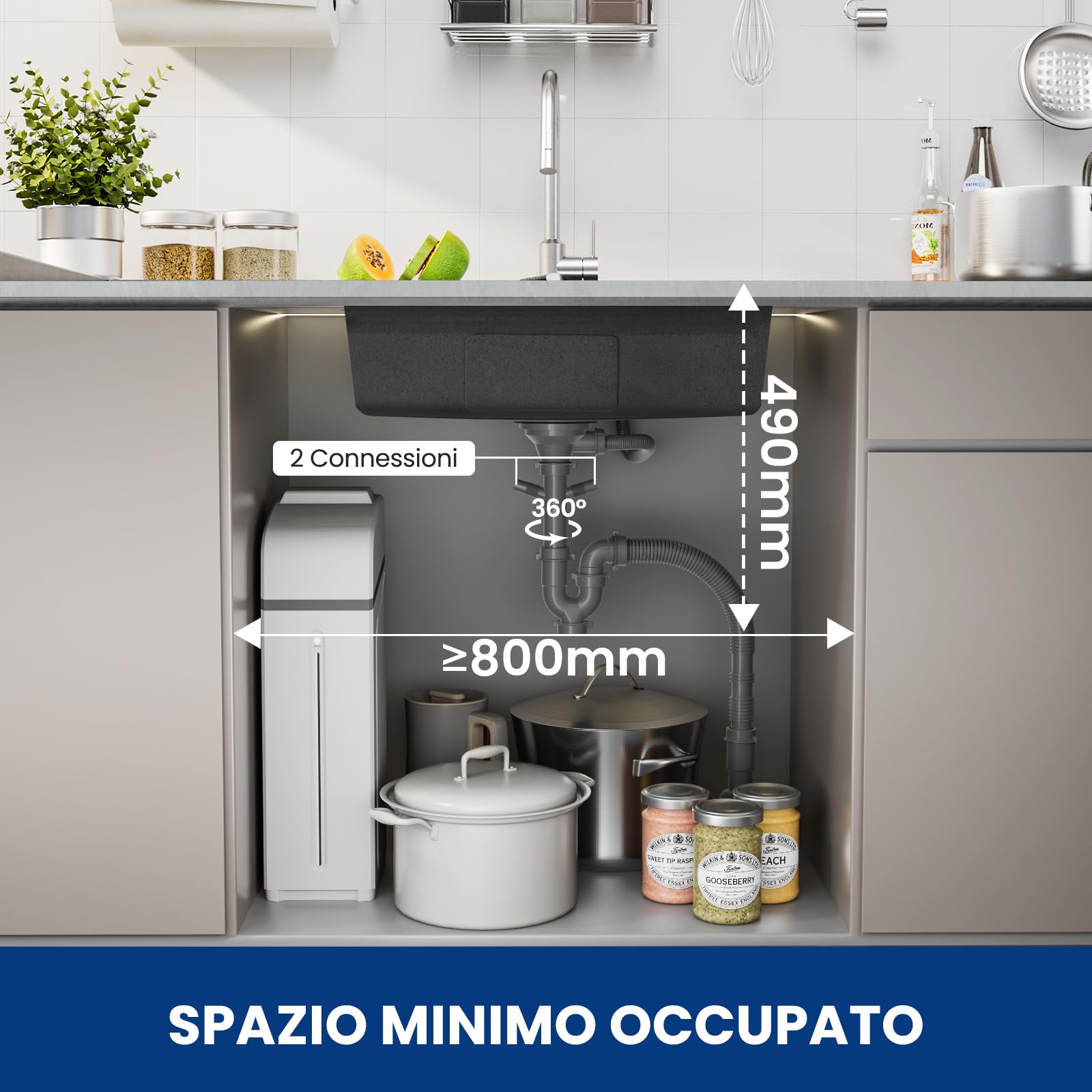 CECIPA Lavandino Cucina 70x45 CM, Lavello Cucina 1 Vasca con Dispenser Sapone, Lavabo Cucina con Vasca Mobile e Tagliere, Lavello in Acciaio Inox 201 con Sifone e Set di Drenaggio