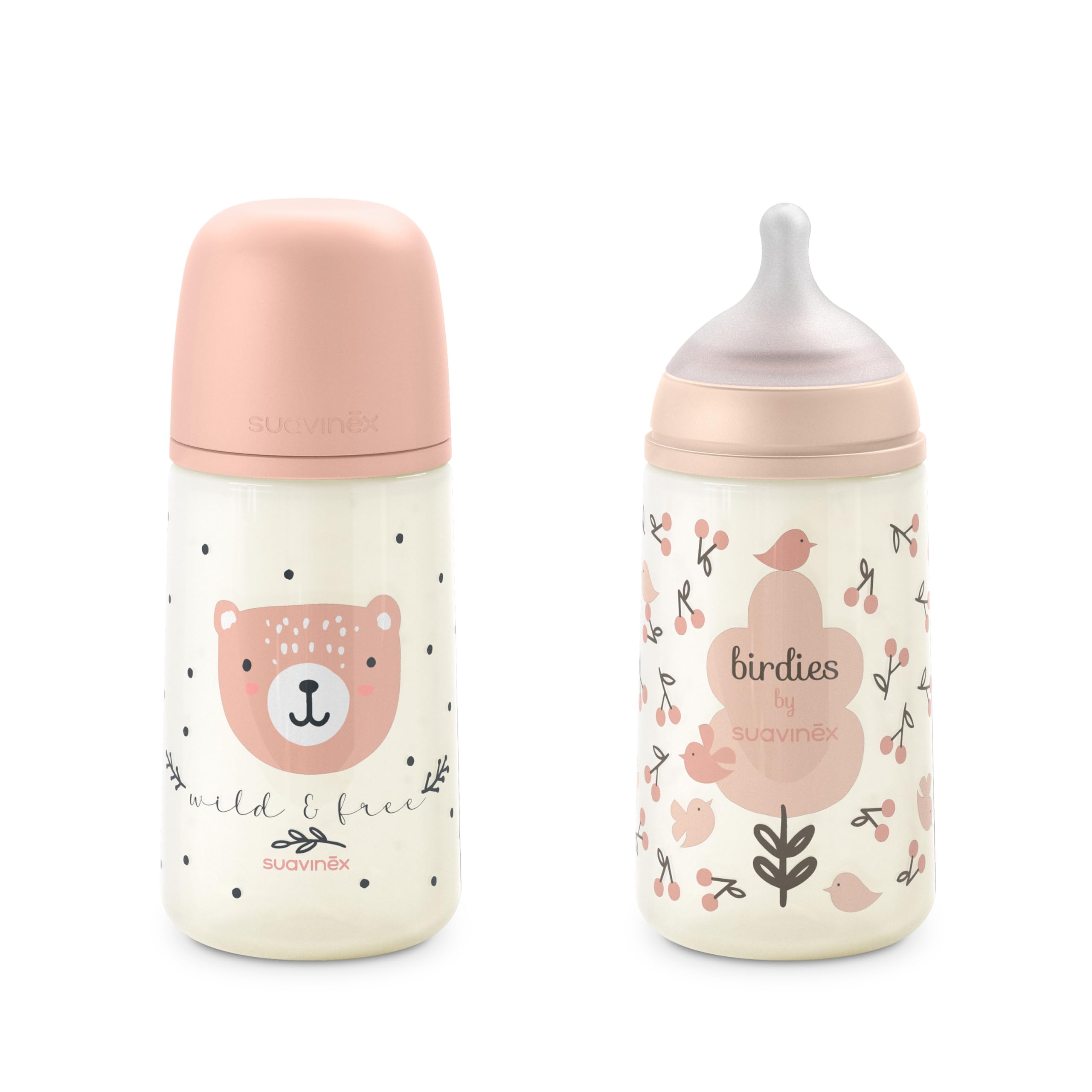 Suavinex, Confezione 2 Biberon da 270 ml, Tettarella Simmetrica SX Pro in Silicone con Valvola Anticolica, Flusso Medio, Liquido Densità Media, Latte, Succhi, Acqua. ​+3 Mesi.Birdies, Wild&Free, Rosa
