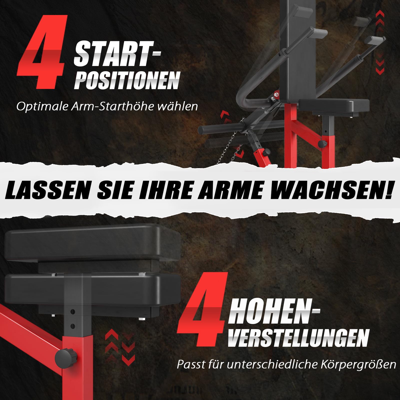 Dipmaschine, Trizeps Trainingsgerät mit Rudergriff, Trizepspresse mit Breitem und Schmalem Griff, 182kg Kapazität Bizeps Maschine, Dip Station