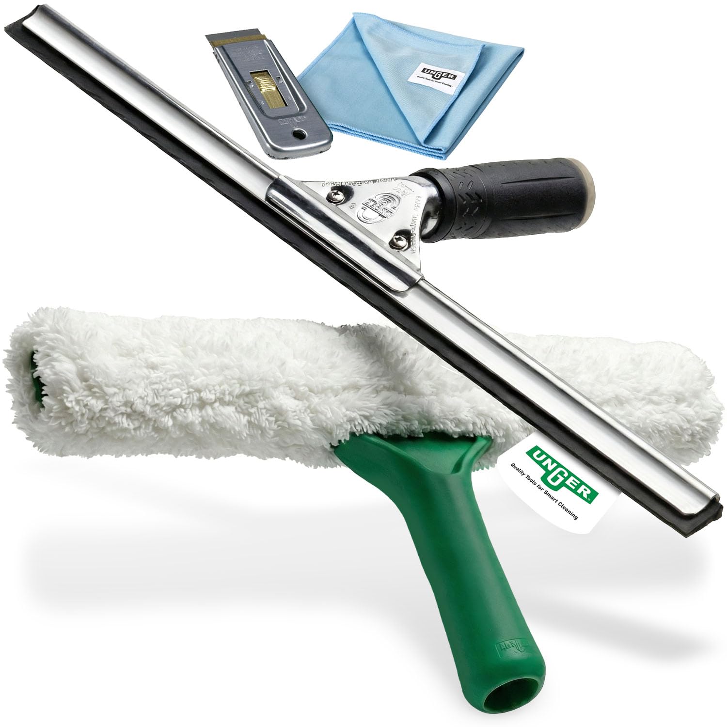 Unger Unitec 4-in 1 Advanced Window Cleaning Kit Starter Set, Indoor & Outdoor Professional Window Cleaning Equipment, Squeegee, Washer for Windows, Safety Scraper, Microwipe Microfibre Cloth