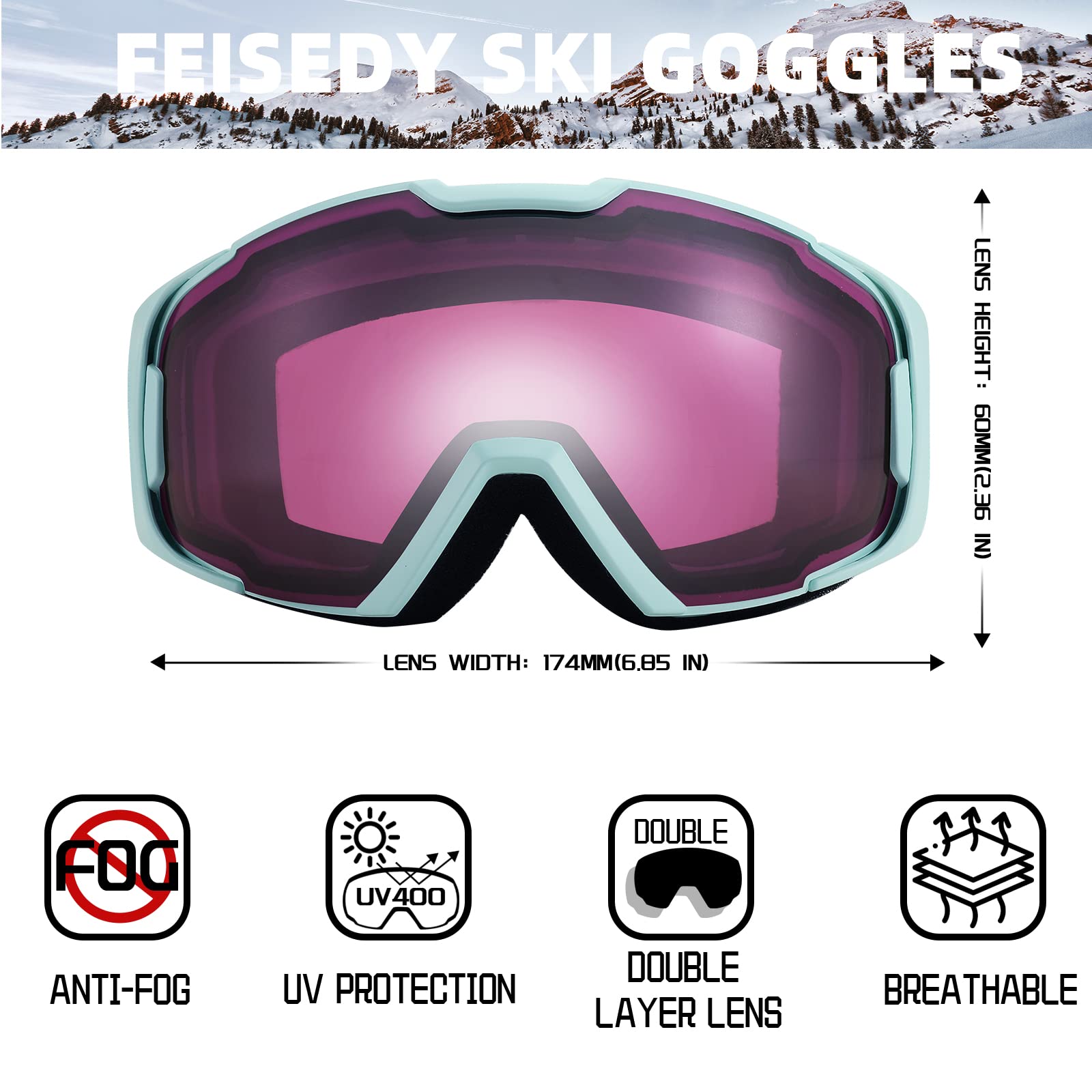 FEISEDY Masques de Ski et Snowboard pour Hommes/Femmes, Design OTG B2961 | Masques de Neige pour Porteurs de Lunettes, Anti-Buée & Protection UV