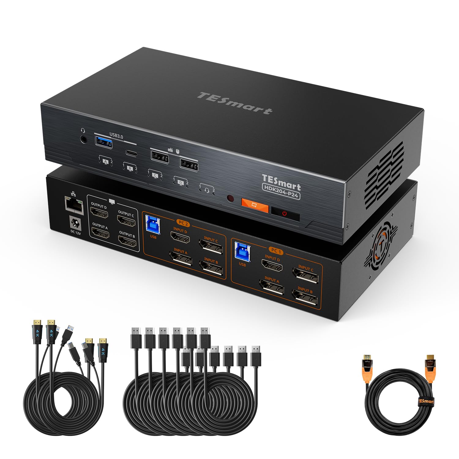 TESmart KVM Switch 2 PC 4 Monitor 4K+cavo in fibra ottica da 5 m