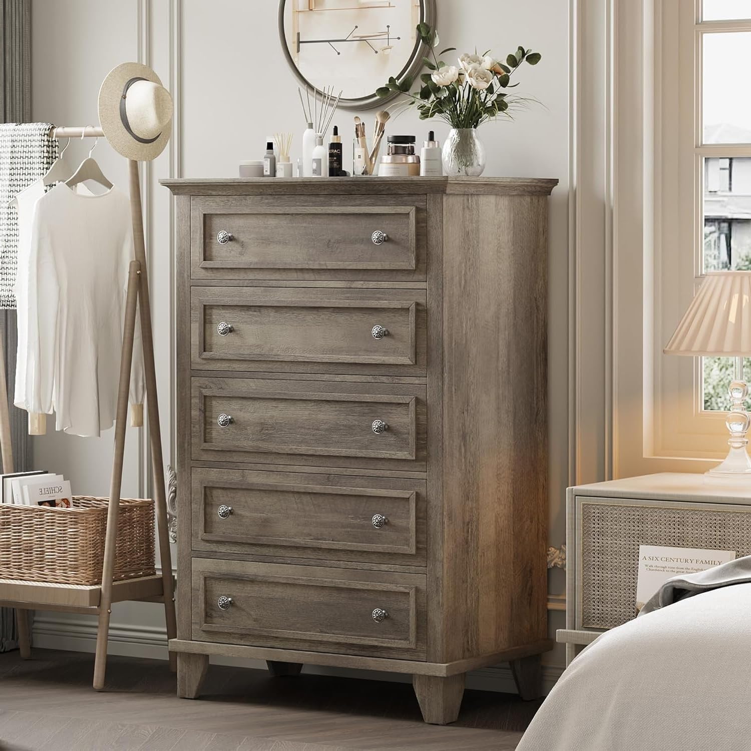 Photo 1 of **Untested**
IDEALHOUSE 5 Drawer Dresser, Wooden Storage Chest of Drawers with Exquisite Metal Handles, Tall Storage Cabinet, Modern Design Dresser for Bedroom, Living Room, Hallway, Entryway, Grey