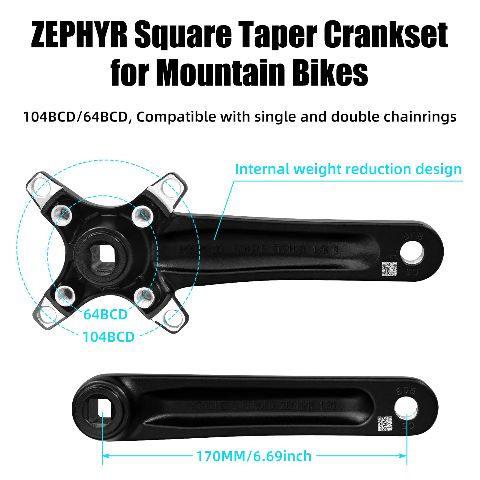 Juego de Bielas Cuadradas de 170 mm para Bicicleta de Montaña con Plato 104 BCD 32/34/36 / 38T, Manivela MTB de Aleación de Aluminio