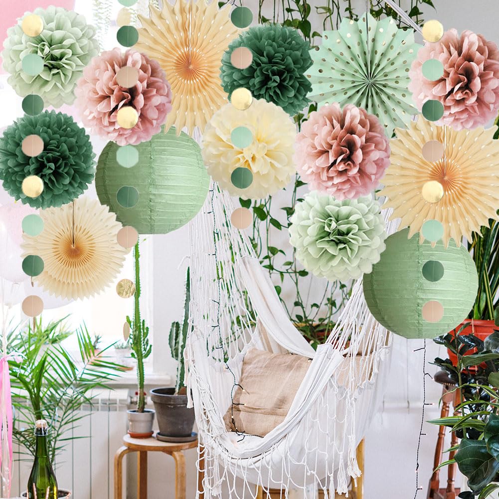 Kit Décoration Anniversaire Fille Vert Sauge Et Rose Poudré - Éventails, Pompons, Lanternes Et Bannière Happy Birthday