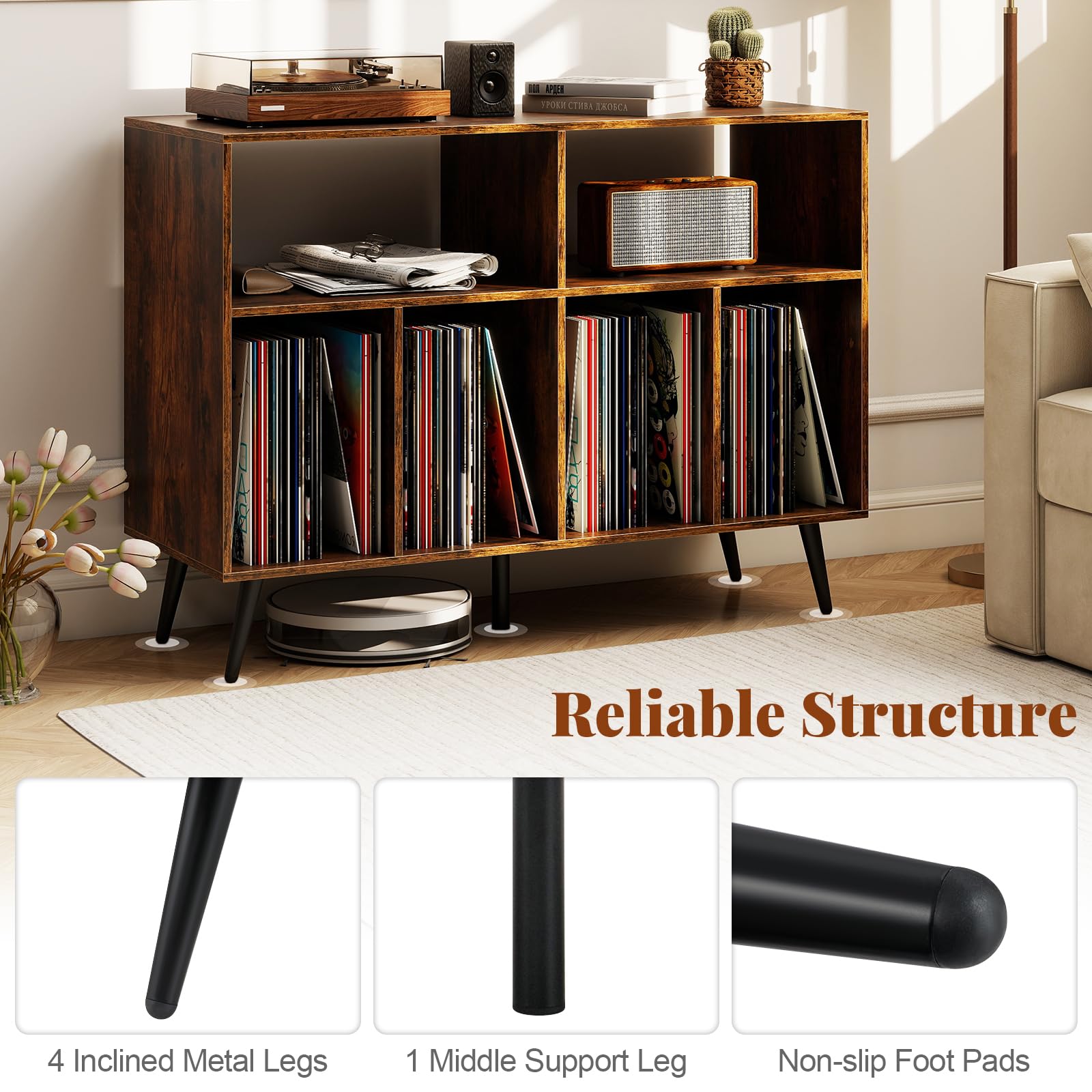 RELAX4LIFE Supporto per Giradischi, Porta Vinili con 6 Scomparti Aperti, Espositore in Legno per Dischi, Mobiletto Multiuso per Ufficio, Studio, Camera da Letto (Industriale)