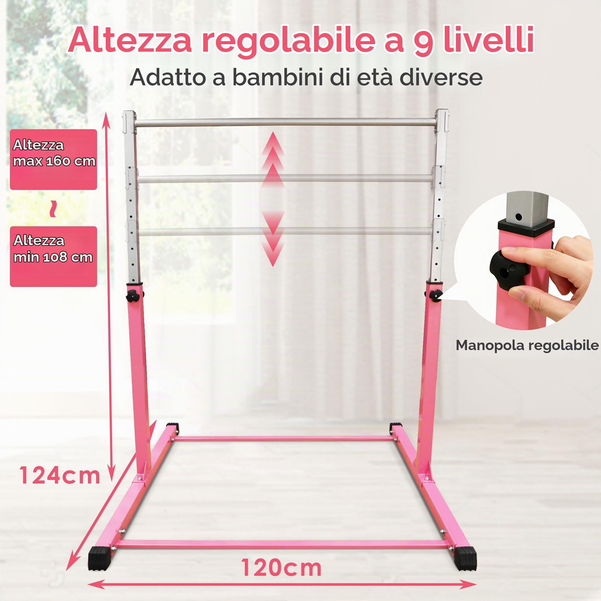 ORIENTOOLS - Barra Ginnastica per Bambini | Altezza Regolabile 90-150 cm | Attrezzatura per Ginnastica, Fitness e Allenamento in Casa