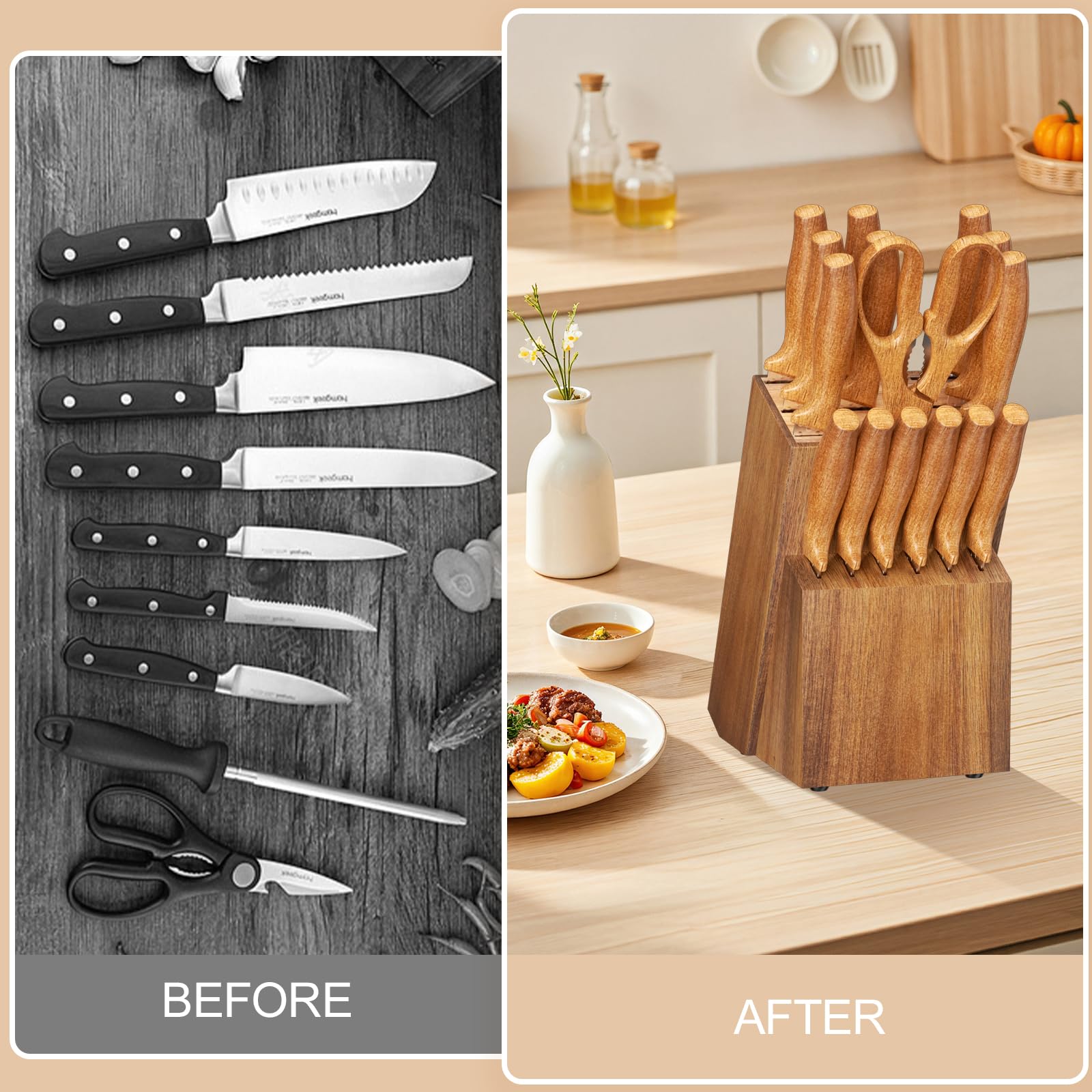 Range Couteaux de Cuisine, Bloc à Couteaux en Bois, Porte Couteau Universel, 14 Fentes, Bloc Couteau de Cuisine Vide avec Aiguiseur Intégré et Ciseaux, Pieds Antidérapants, Pin