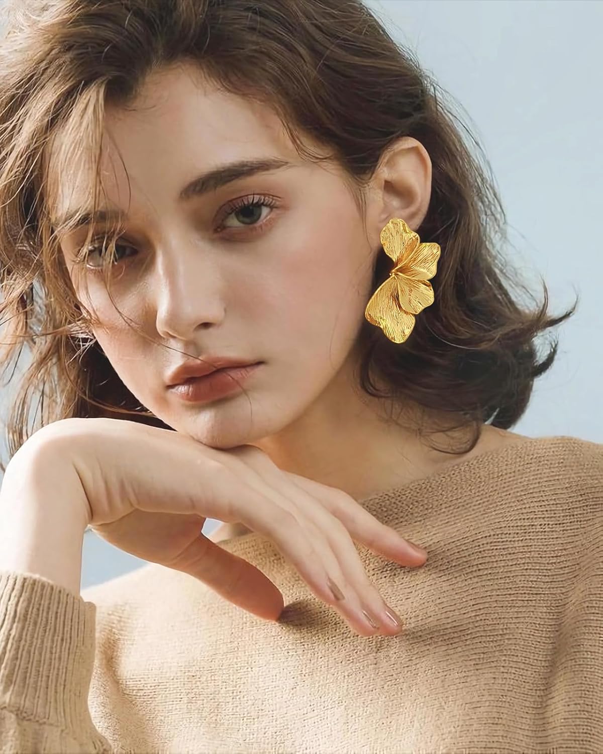 Chunky Gold Flower Earrings for Women Vintage Boho Summer Spring Petal Statement Earrings Trendy Large Floral Dangle Earring - Image 3