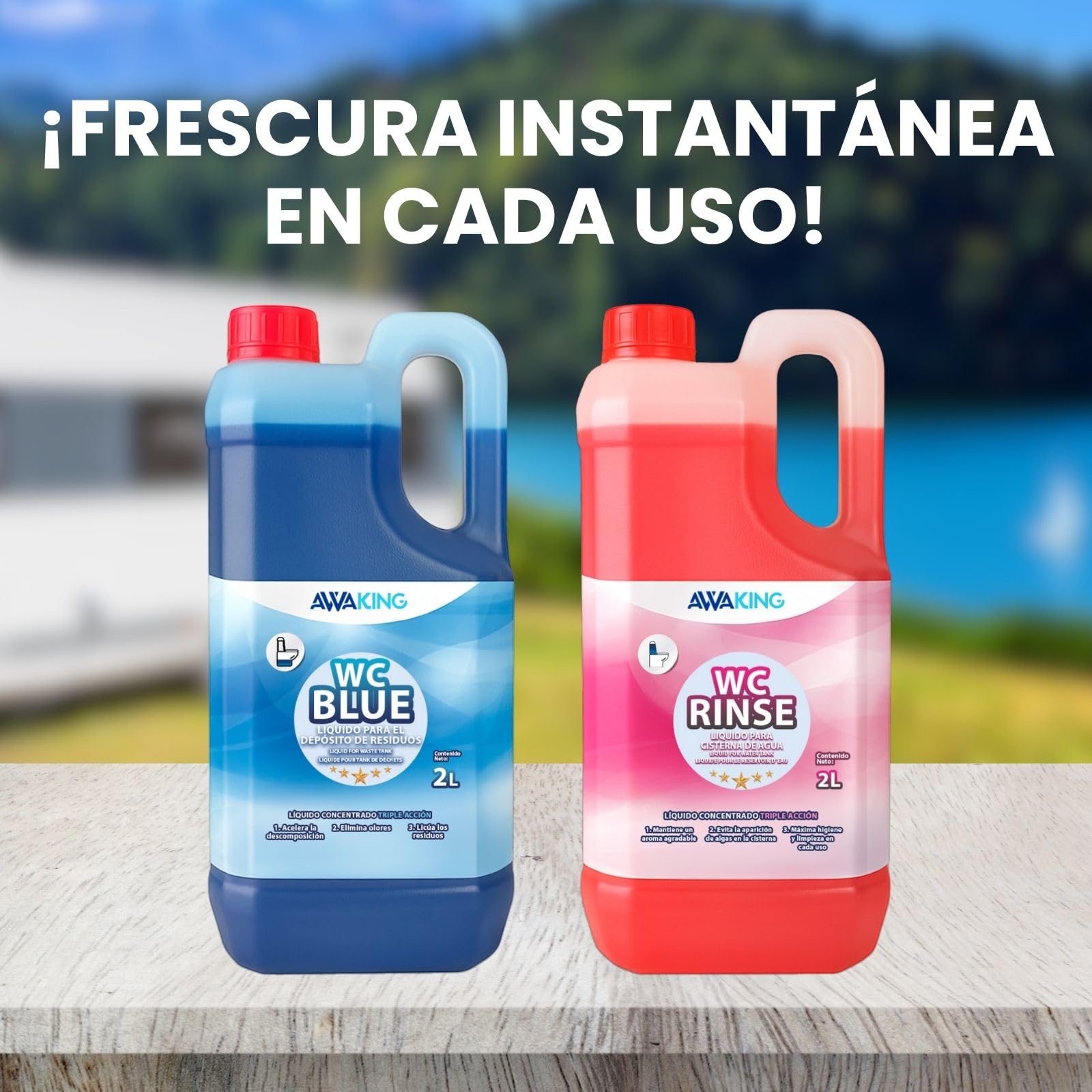 PLANTAWA Líquido Químico Blue 2L + Rinse 2L | liquido wc quimico caravana y wc portatil | liquido autocaravana wc con acción desodorizante | Fácil de usar y transportar