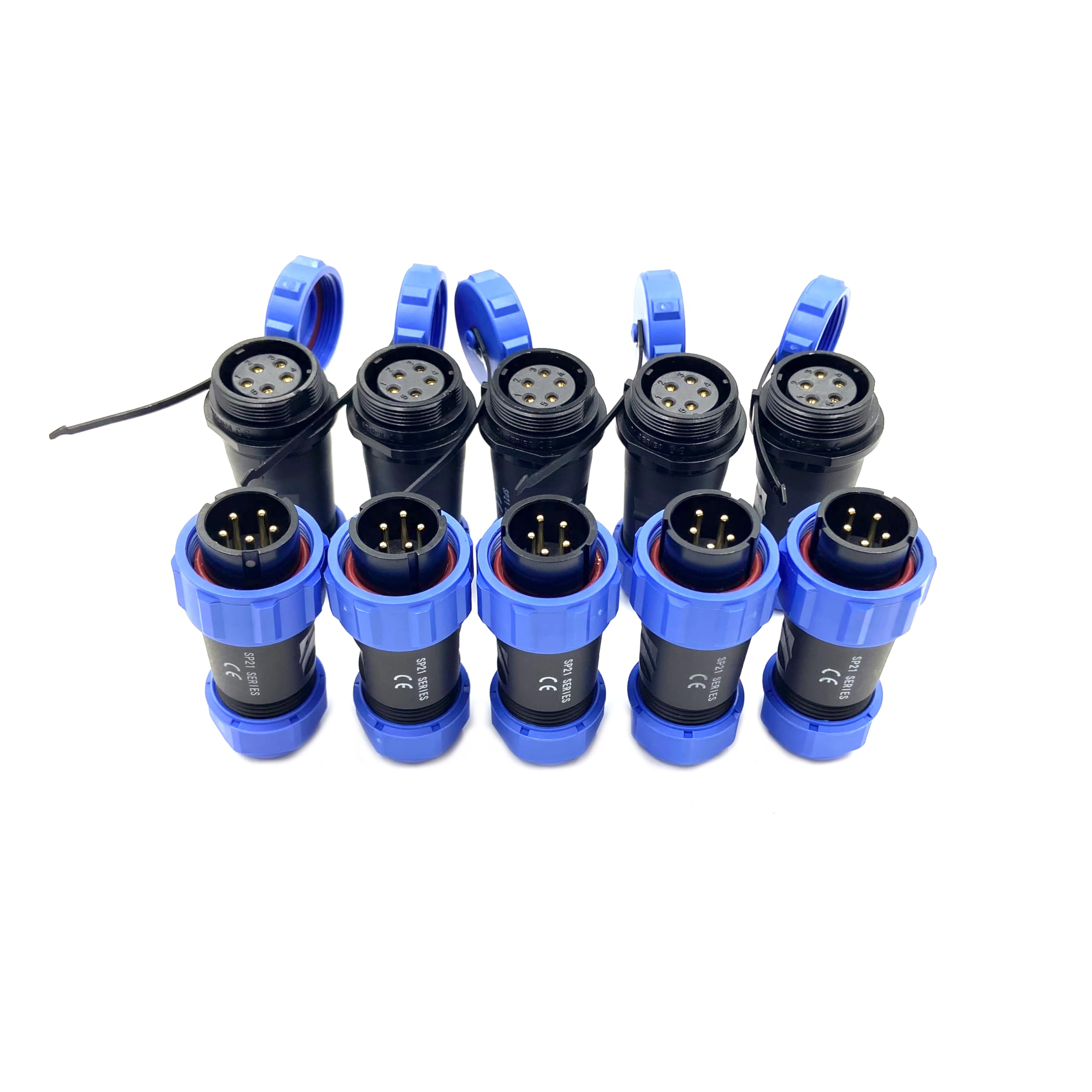 5 conectores de aviación SP21 de 5 pines, IP68 de 5 pines, sin soldadura, conector de aviación impermeable para lámparas exteriores, utiliza 500 V 30 A (cable de 12 AWG engarzado)