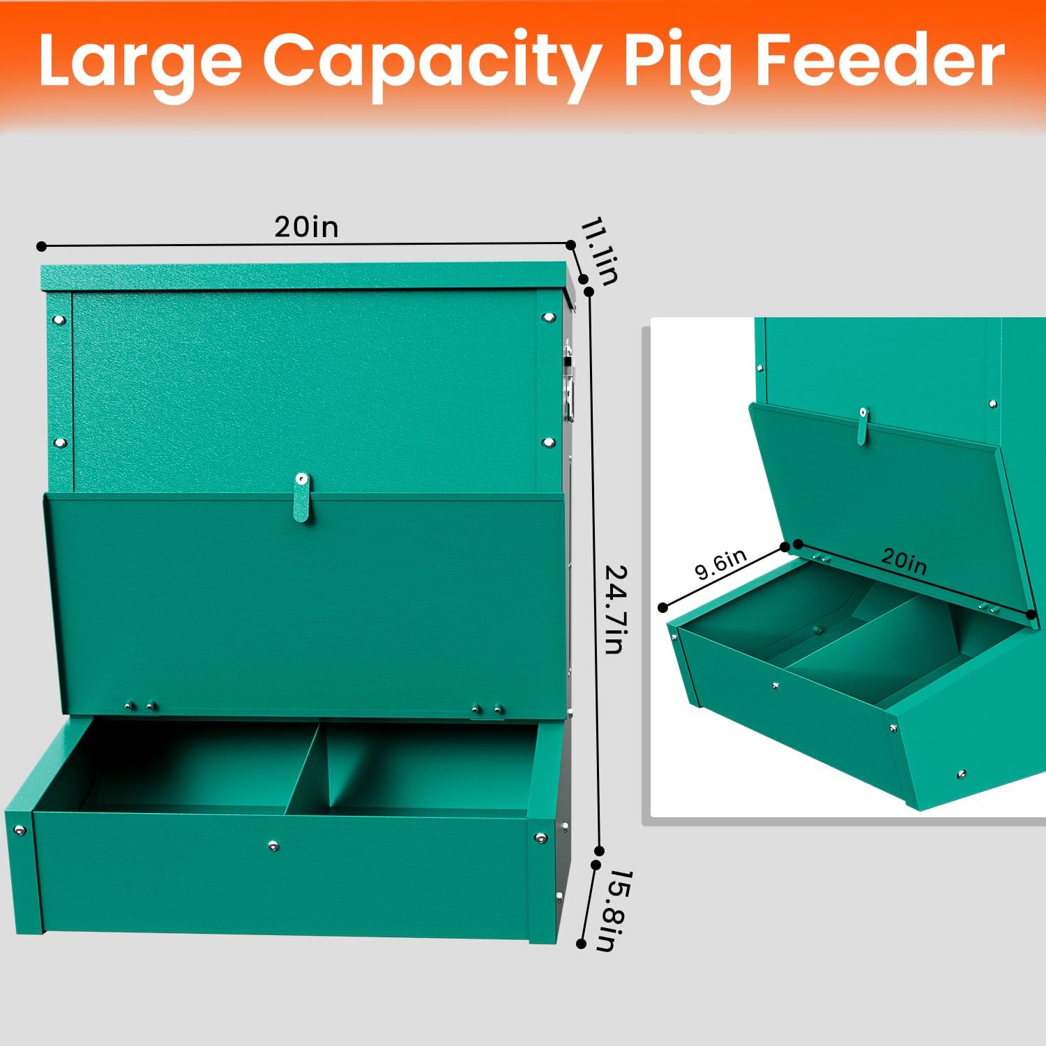Pig Feeder, 2-Door Heavy Duty Galvanized Steel Hog Feeder,3.7 Bushels Capacity,Outdoor Pig Feeders with Visable Feed Design, Livestock Feeder for Barn, Farm, Feeding up to 5 Small Hogs, Green