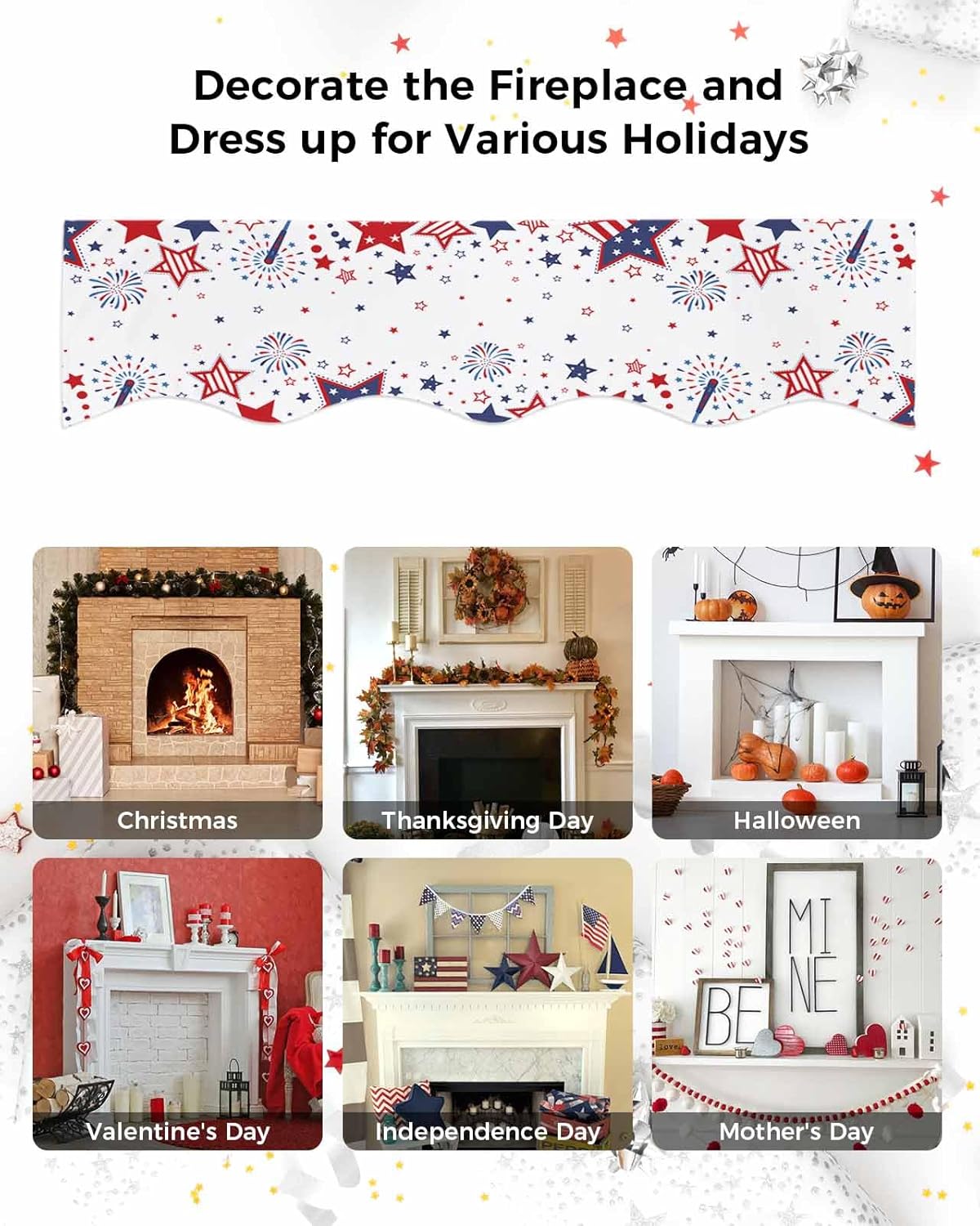 4th of July Mantle Scarf for Fireplace, Patriotic Star Memorial Day Fireplace Cover Decorations Indoor Independence Day Mantel Top Scarf Runner for Home Living Room Holiday Party, 17 x 70 Inch