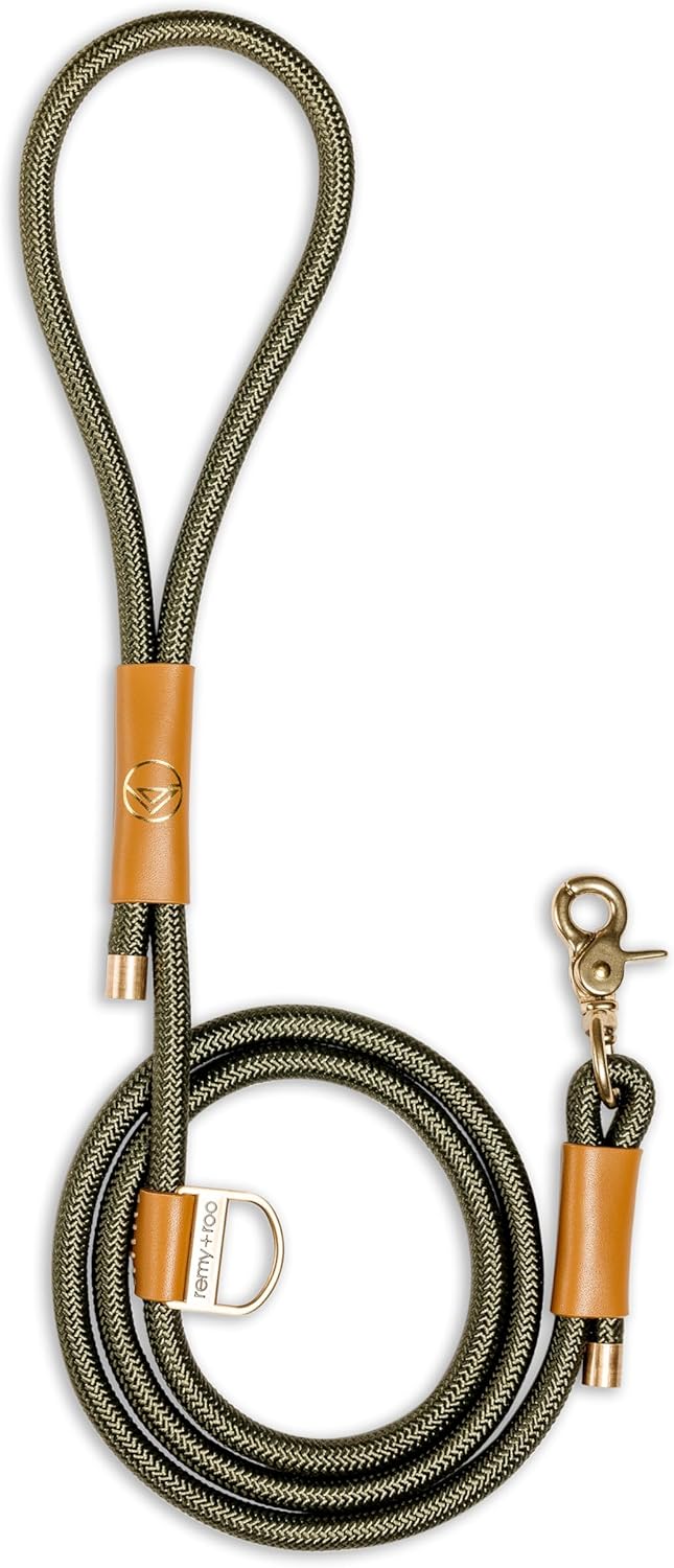 Remy+Roo Manhattan Olive Heavy Duty Dog Leash - 5 ft, Custom Waste Bag Ring, Double Stitched Leather, Lobster Clasp, Brass Finish - Strong for Large, Medium & Small Dogs