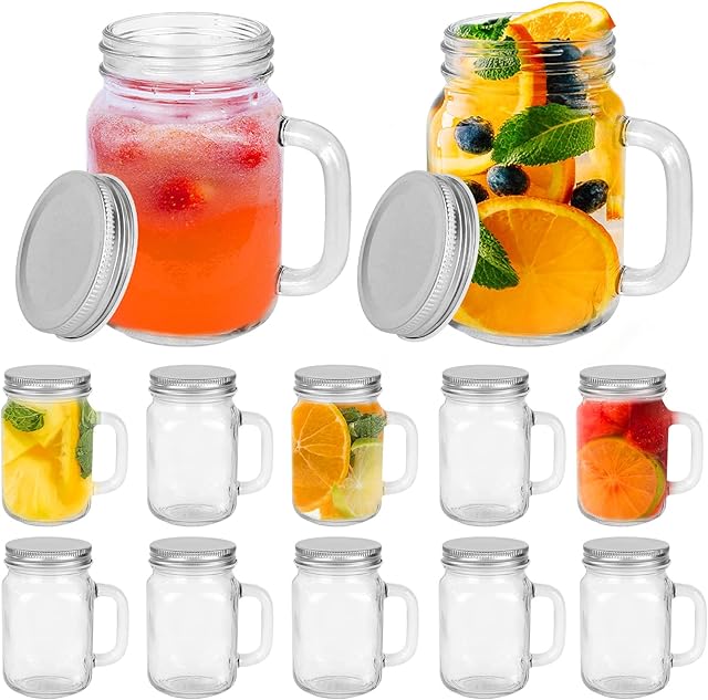 8 oz Glass Mason Drinking Jars with Silver Lids,12 Pack Reusable Mason Jars with Handle,250ml Small Overnight Oats Jar,Beer Mugs for Smoothies,Preserve,Cocktails,Party Favors