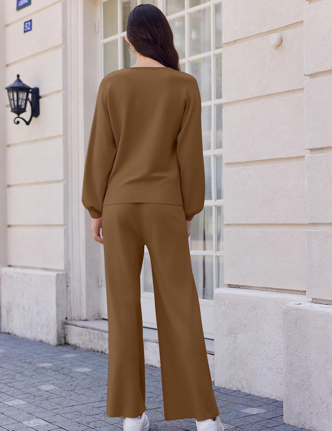 Ekouaer Knit Lounge Sets for Women 2 Piece Cozy Long Sleeve Pullover Sweater Top and Wide Leg Pants Set Pajamas Outfits - Image 5