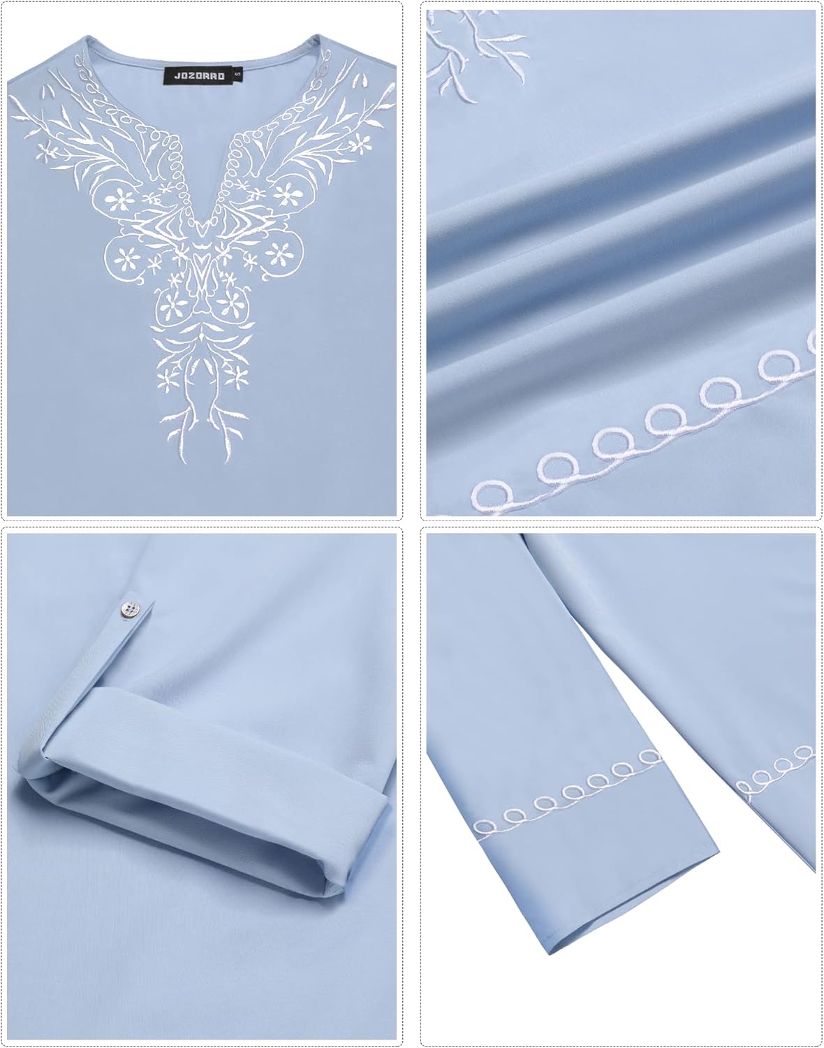 JoZorro Mens Polyester Linen V Neck Henley Shirt Long Sleeve Caftan Handmade Tunic Embroidered Casual Beach T Shirts - Image 5