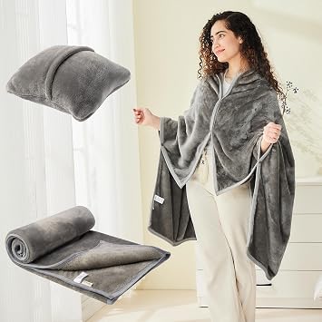 Mellowdy Shawl Blanket Pillow 2-in-1 with Sleeves for Office, Work, Home Dark Grey, 40x60 - Wearable Adult Snuggie Coat Poncho, Airplane Travel Set, Fleece Shoulder Wrap for Men and Women
