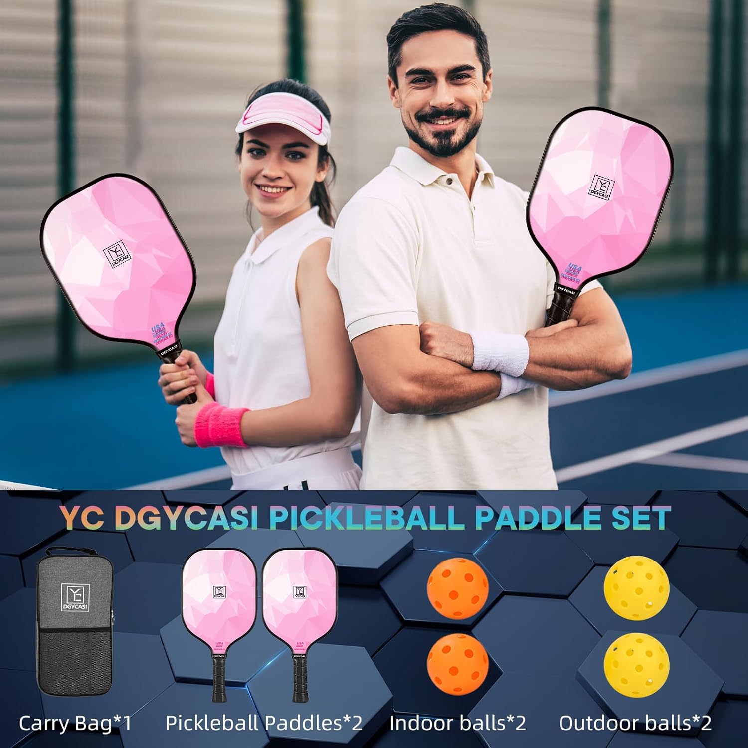 YC DGYCASI Pickleball Paddles Set of 2, 2026 USAPA Approved Fiberglass Pickleball Set, Lightweight Pickle Ball Rackets 2 Pack, 2 Outdoor Pickleball Balls, 2 Indoor Balls, 1 Bag, Pink - Image 6