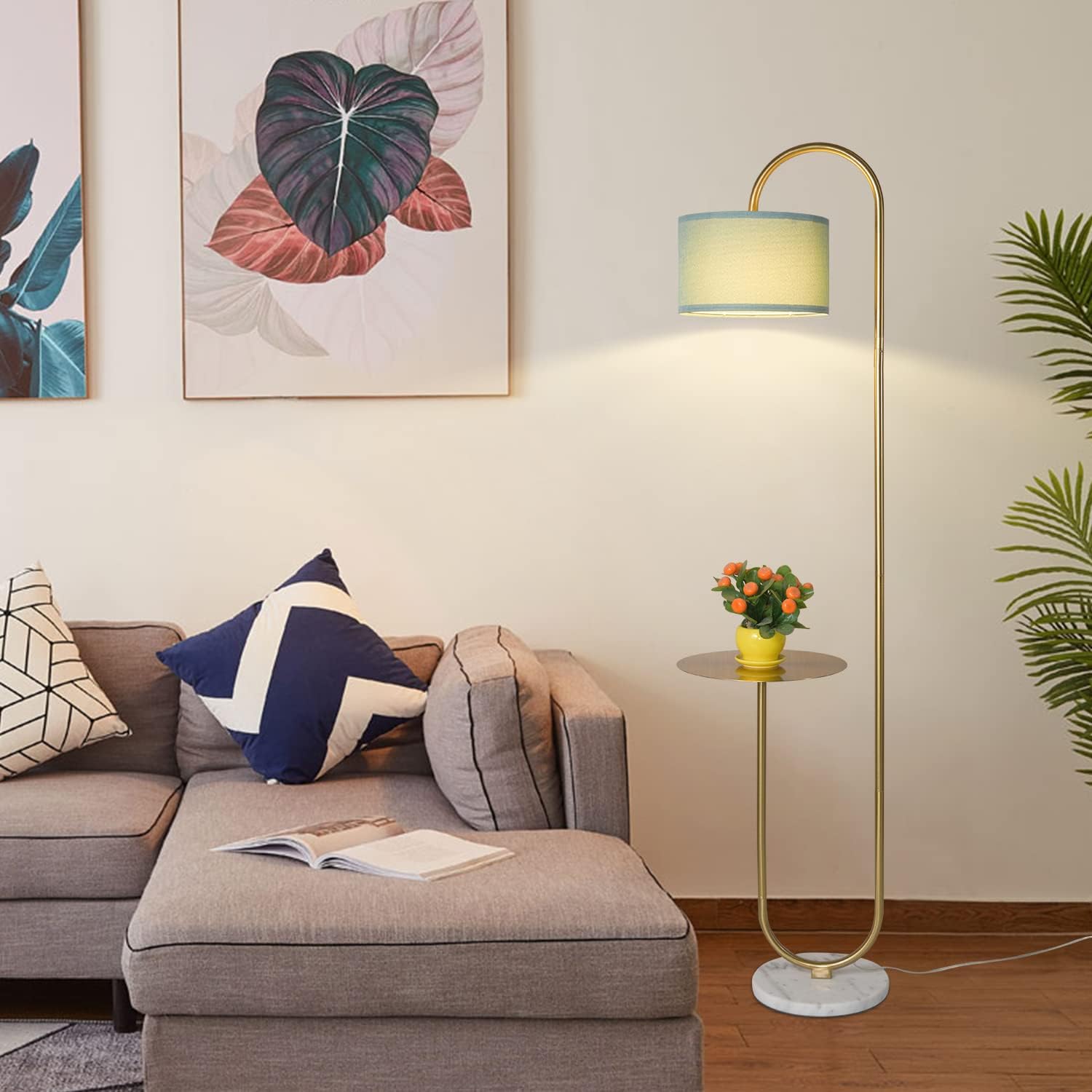 Hsyile KU300272 Arc Floor Lamp with Hanging Drum Shade for Living Room-Marble Base Modern Tall Stand Up Light with Table, Contemporary Over The Couch Gold Lamp Standing Lamps for Bedroom Office