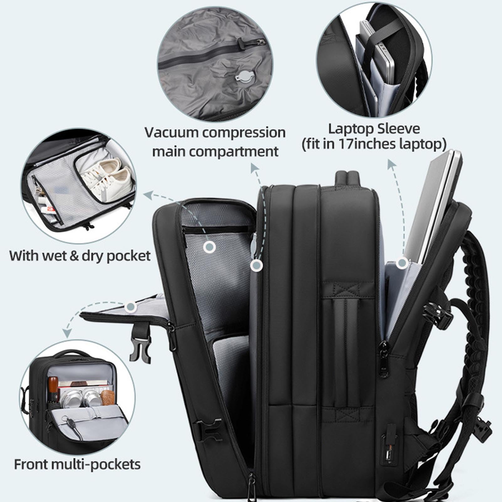 Jectse Sac à Dos de Compression de Voyage, Sacs à Dos de 18 Pouces Extensibles pour Ordinateur Portable, avec un Verrouillage Anti-vol Transporte un Sac à Dos, un Sac de Voyage