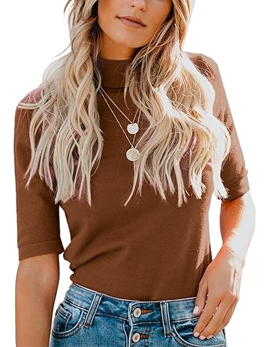 LIYOHON Womens Tops Dressy Casual Mock Turtleneck Business Short Sleeve