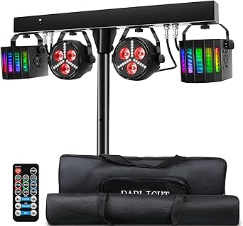 DJ Lighting Packages with Carry Bag, DJ Lights with Stand (7.5Ft) Sound Activated, DMX & Remote Control, Mobile Gig Light LED Party Bar Lighting System for Band, Booth, Stage, Wedding, Events