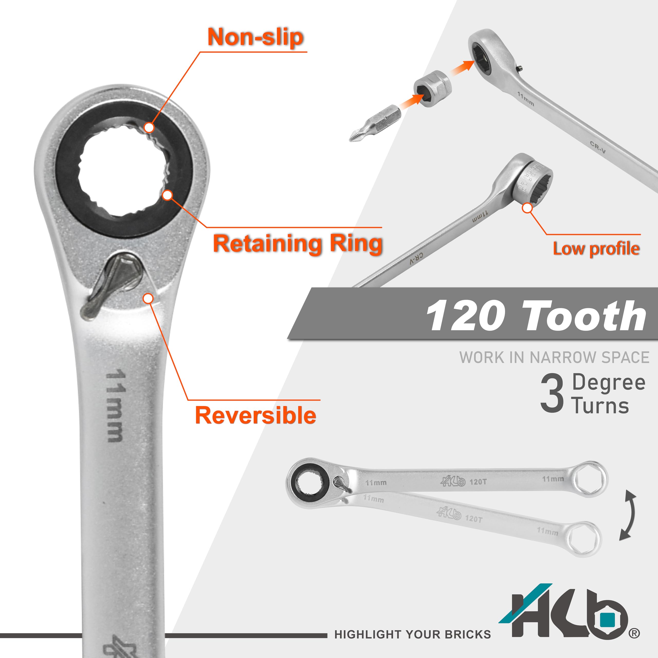 HB Pass Thru 120-Tooth Low Profile Ratchet Wrench Set 38 Piece Non Slip Sockets for Rounded or Standard Bolts with Star Bits Chrome Vanadium Steel Portable EVA Case Made in Taiwan AGM025-G - Image 2