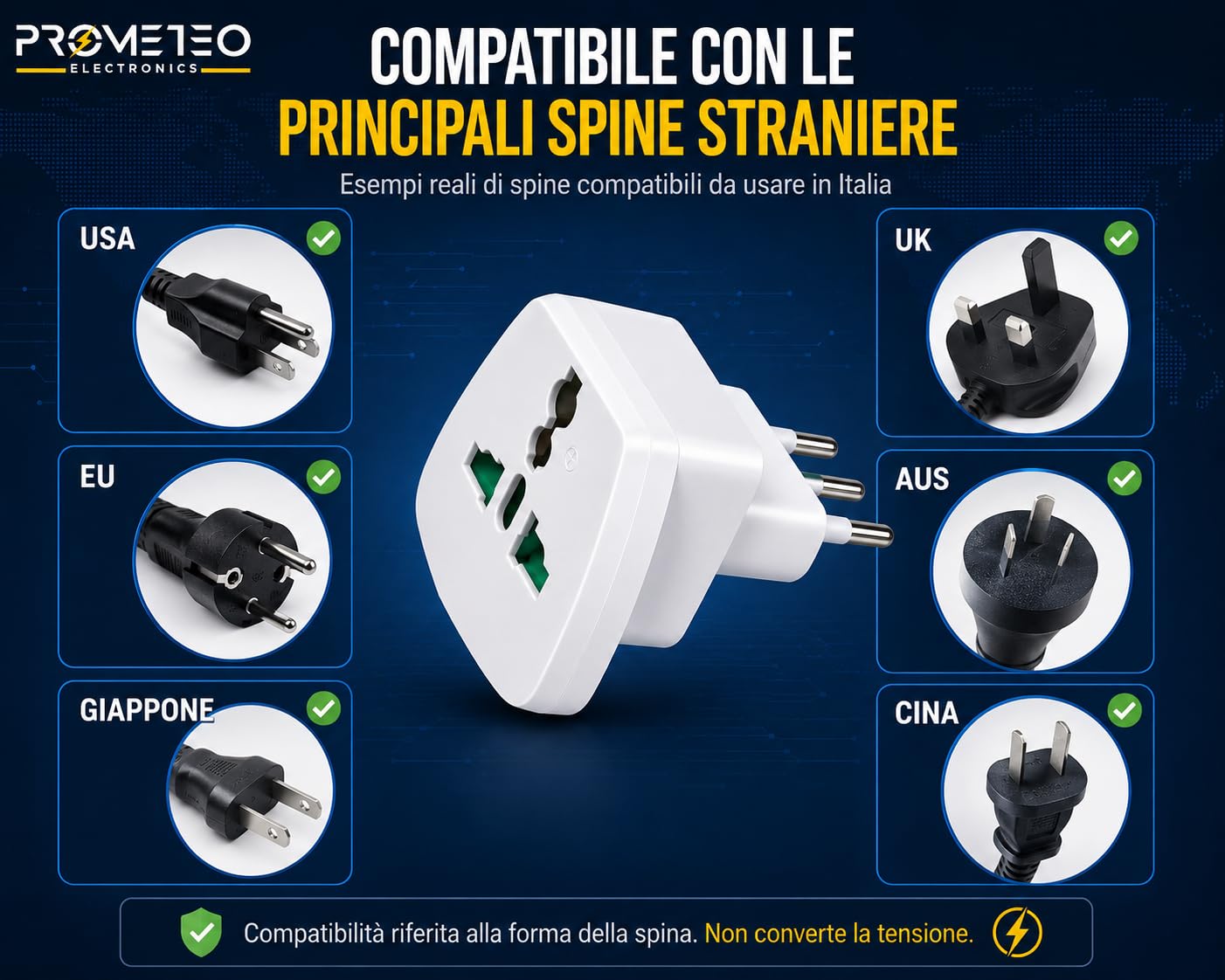 Set 6 Adattatore Universale da Viaggio Presa Mondo Spina Italiana 10A 1500W | Presa multistandard USA UK EU AUS Cina Giappone, per hotel B&B ospiti stranieri, compatto, non converte tensione
