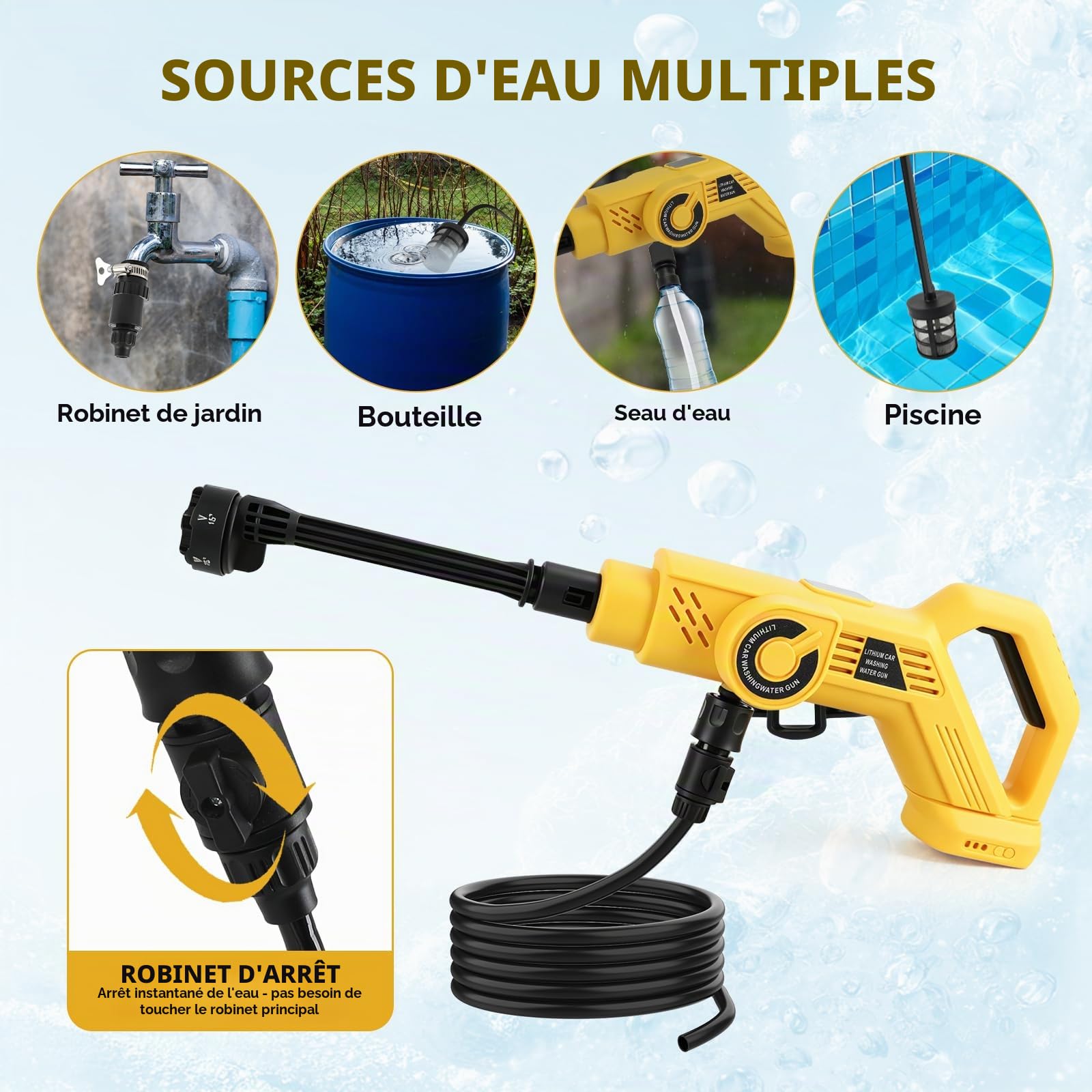 Nettoyeur haute pression sans fil pour Dewalt 18 V 20 V, 25 000 tr/min, nettoyeur de voiture portable sans balais avec écran LCD et 4 niveaux de vitesse pour nettoyer les sols, clôtures et murs (jaune