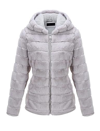 Bellivera Women's Faux Fur Coat Shearling Fluffy Fuzzy Shaggy Hood Sherpa-Lined Fleece Jacket - XX-Large - Grey