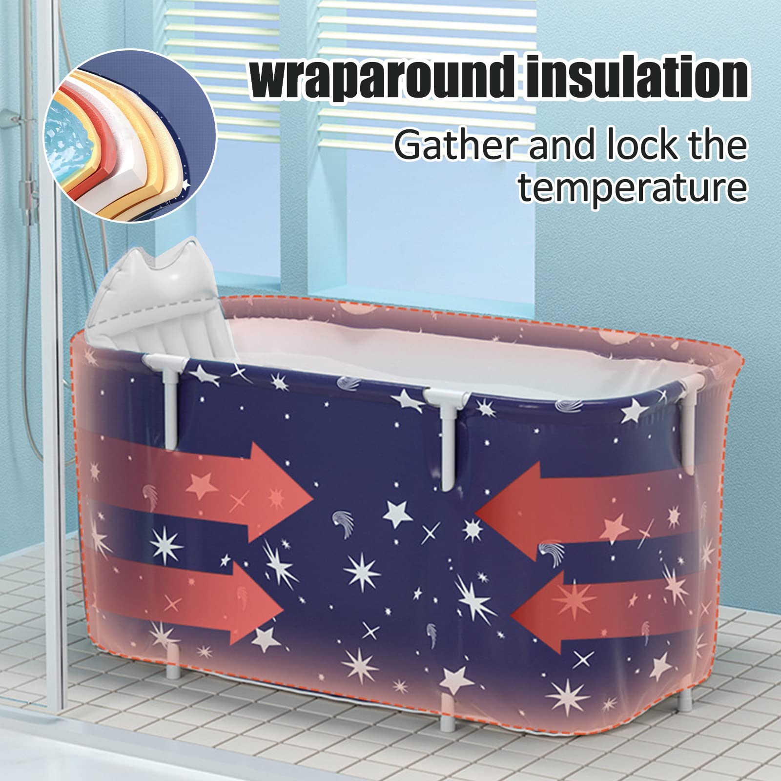 Baignoire Pliable Adulte, Grand Antidérapant Baignoires Portable Mobile pour Douche, Pliante SPA Baignoire pour Petite Salle de Bain, Trempage Autoportante Baignoire, 132x68x47cm (Bleu)
