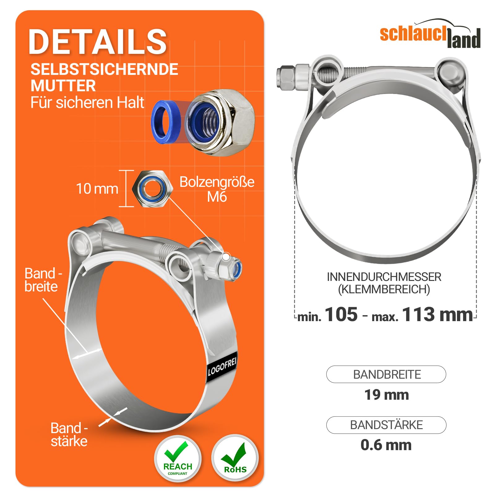 8 Stück SCHLAUCHSCHELLE EDELSTAHL-SCHELLE W4 Ø 105-113mm Edelstahl INOX V2A 1.4301 rostfrei | GRÖSSEN 31-113mm & 1/10/20/50/100er Pack | T-Bolzen Spannbacken Gelenkbolzenschelle Rohrschelle TOP