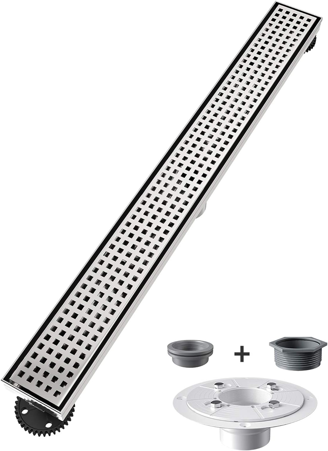 USHOWER 24-Inch Linear Shower Drain with Removable Square Pattern Grate, SUS304 Stainless Steel, Includes Flange Base & Hair Strainer, Brushed Nickel