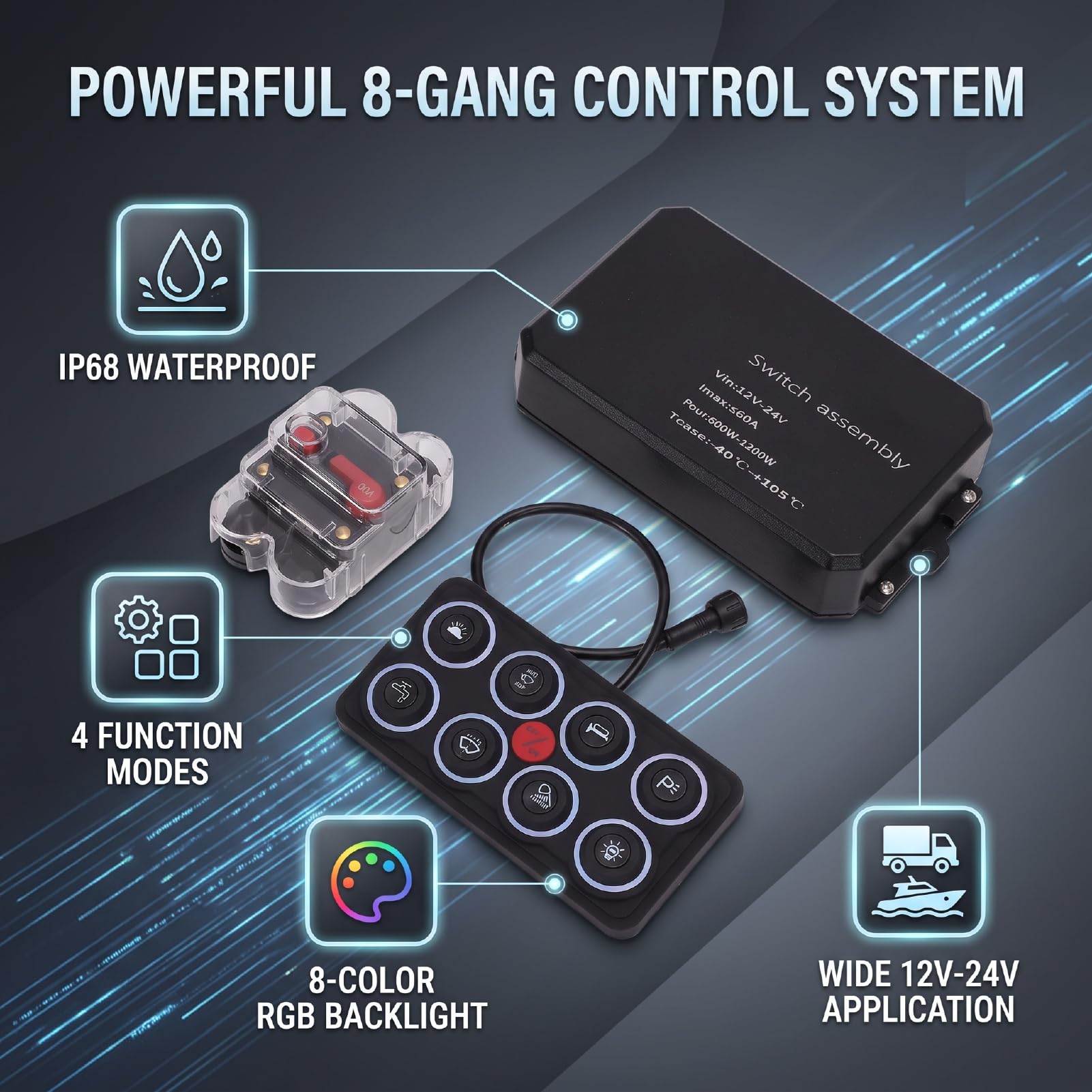Tbest 8-kanałowy Panel Przełączników IP68 Wodoodporny 12V do 24V DC RGB